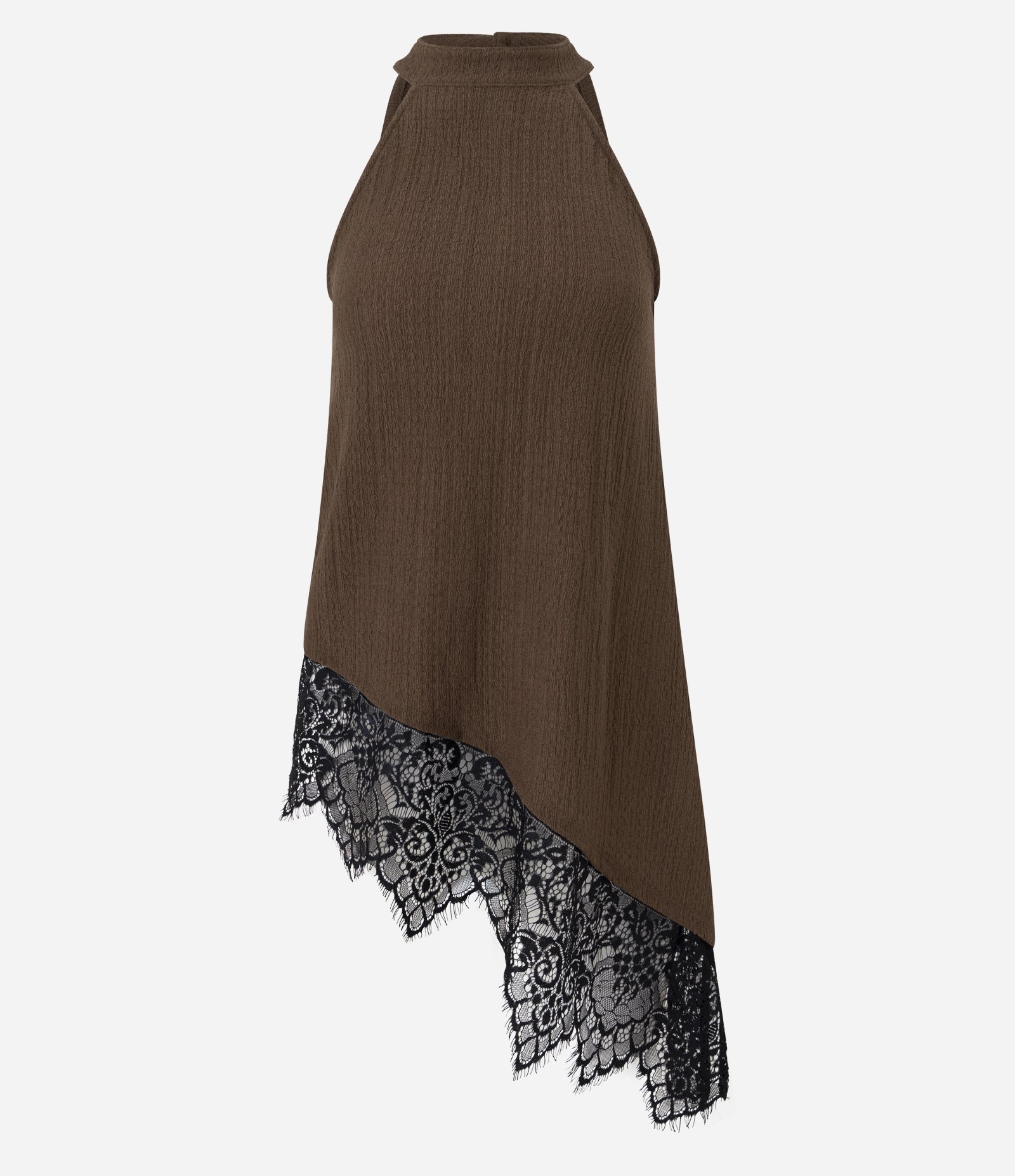 Blusa Halter Texturizada com Renda Contrastante Marrom 1