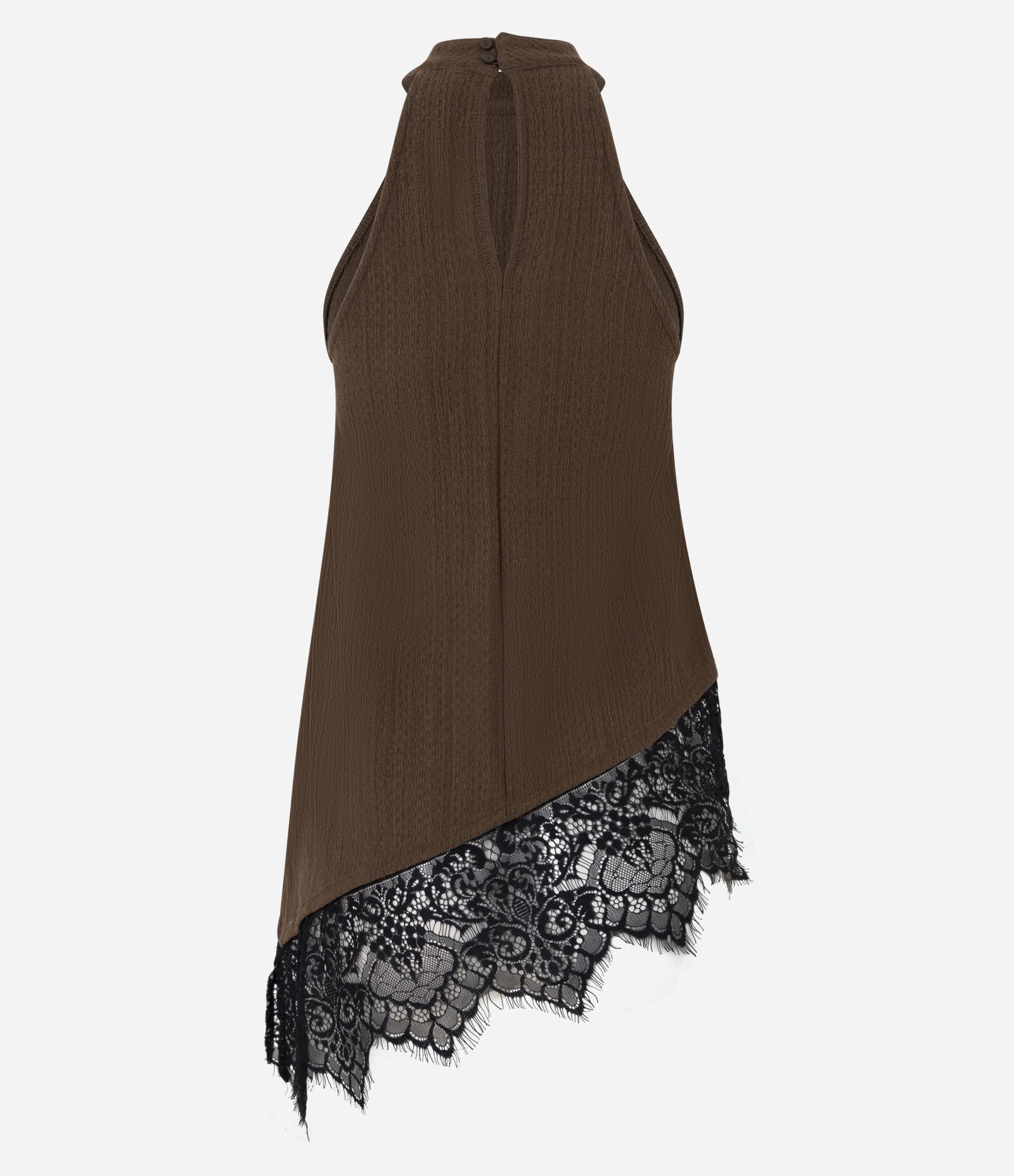 Blusa Halter Texturizada com Renda Contrastante Marrom 3