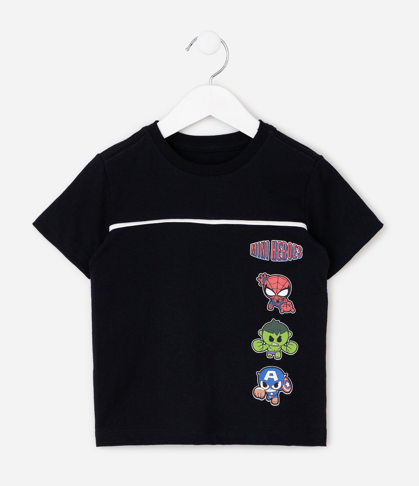 Camiseta Infantil com Estampa Mini Heróis com Viés Contraste – Tam 2 a 6 Anos Preto 2