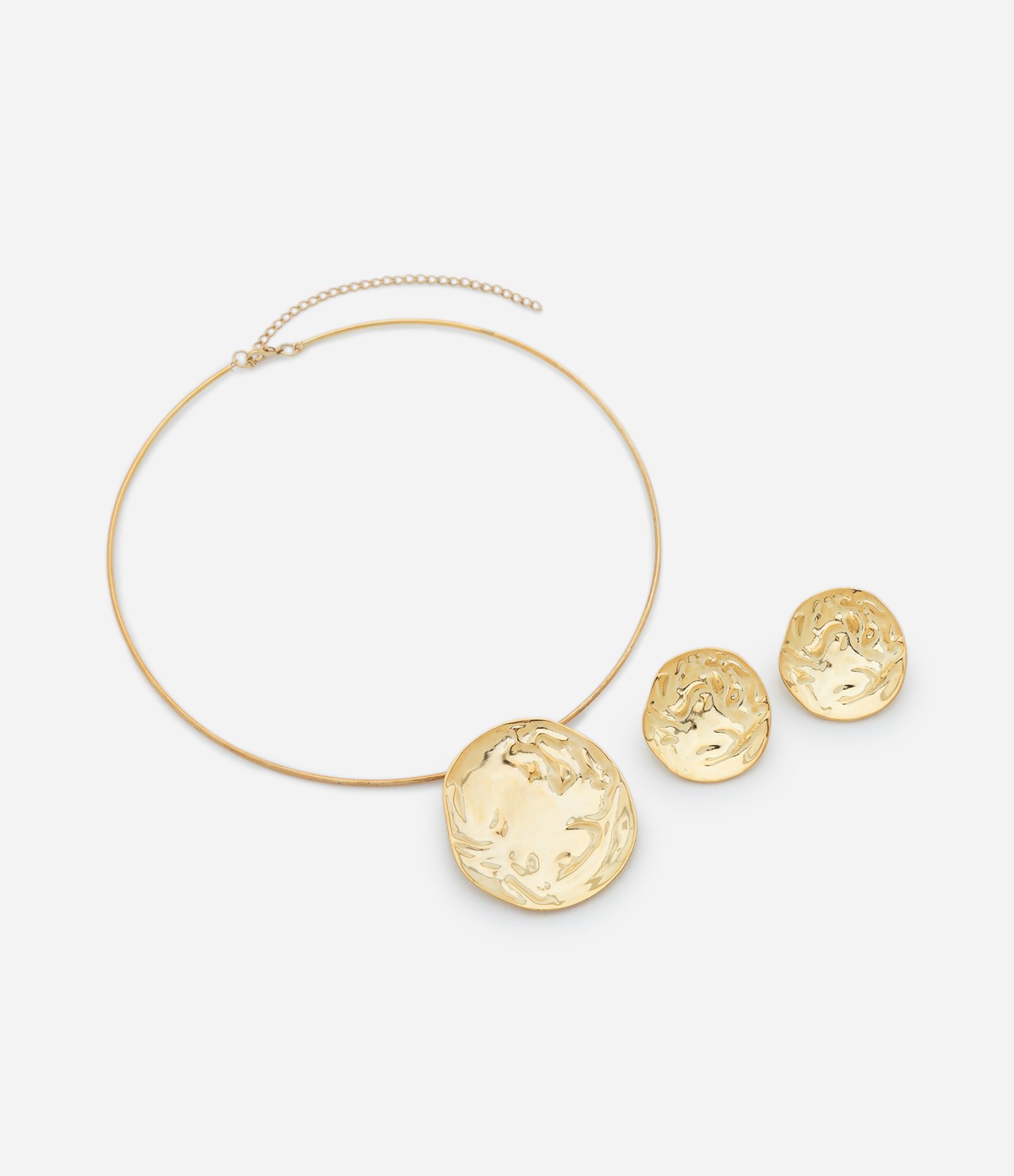 Conjunto de Colar Gargantilha e Brincos com Pingente Circular Dourado 2