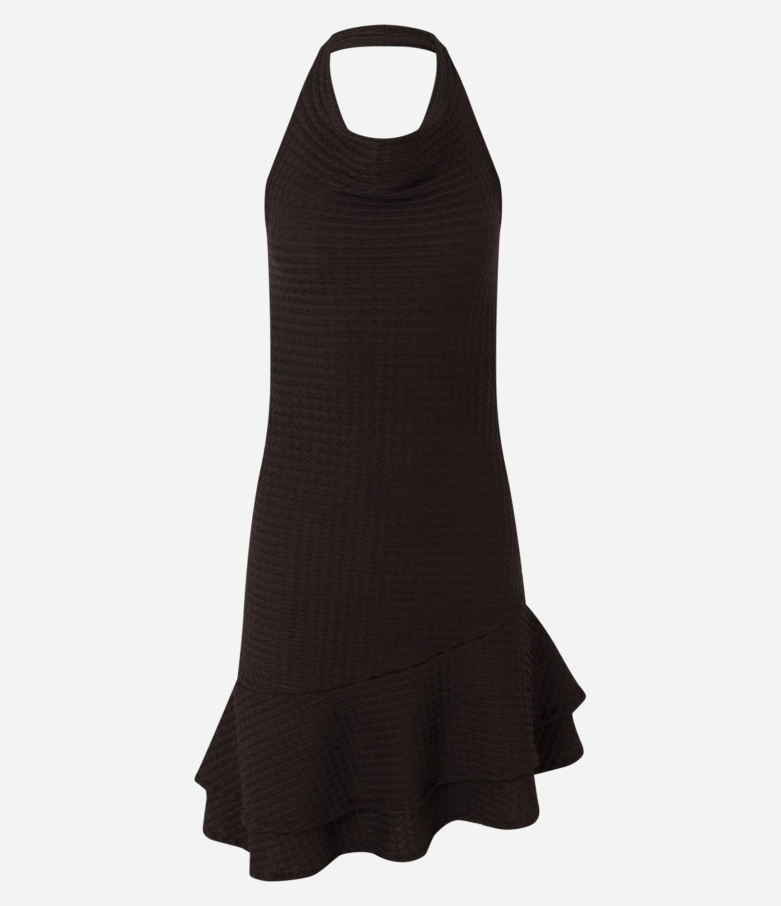 Vestido Curto Texturizado com Decote Degagê e Barra Assimétrica Marrom Escuro 5