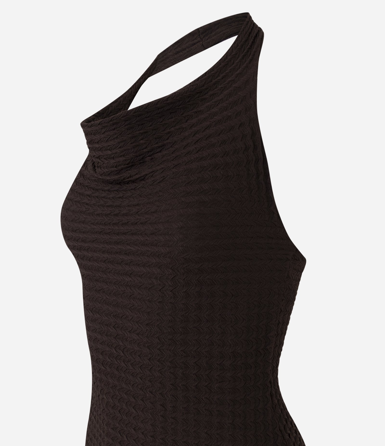 Vestido Curto Texturizado com Decote Degagê e Barra Assimétrica Marrom Escuro 6