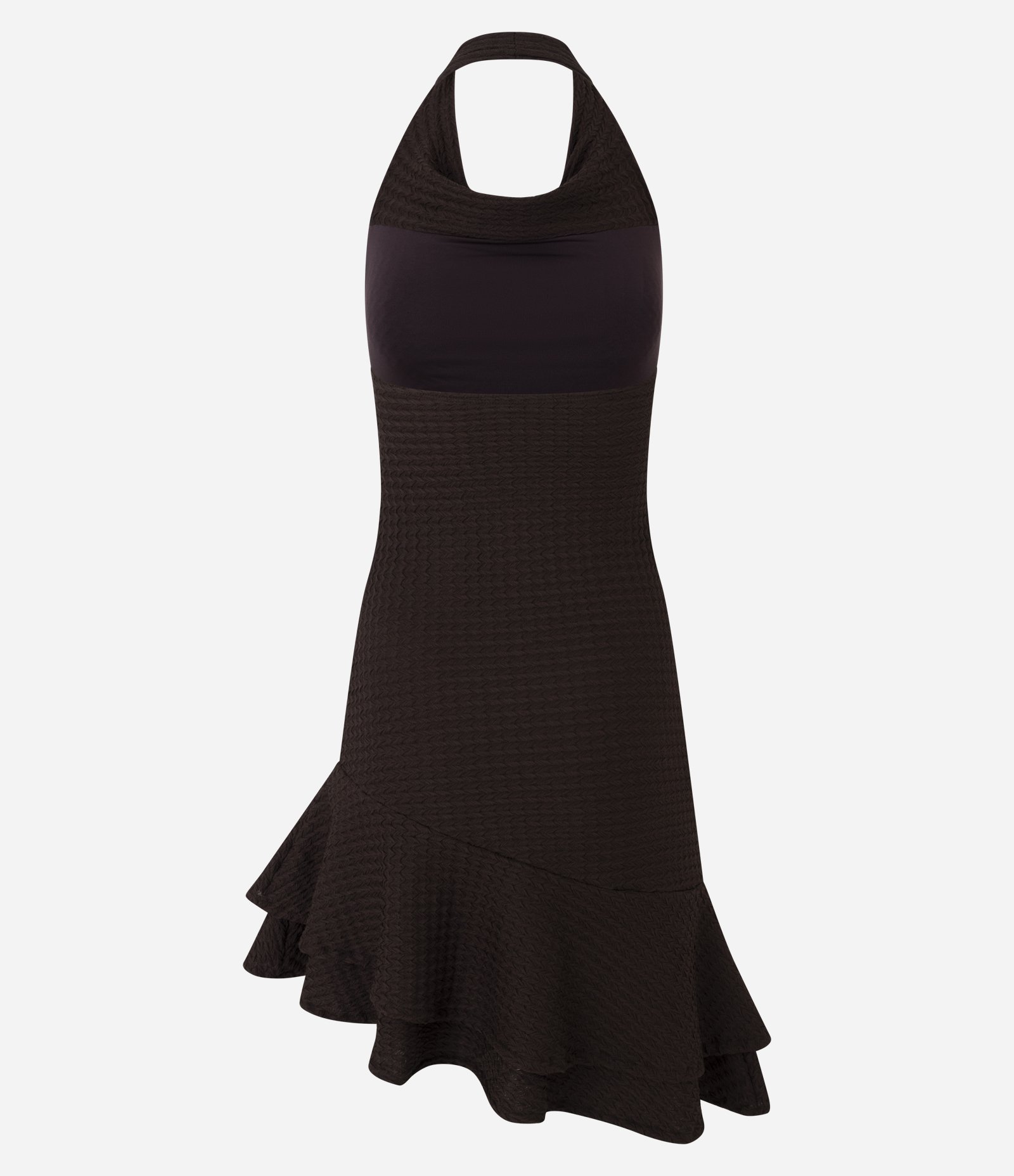Vestido Curto Texturizado com Decote Degagê e Barra Assimétrica Marrom Escuro 7