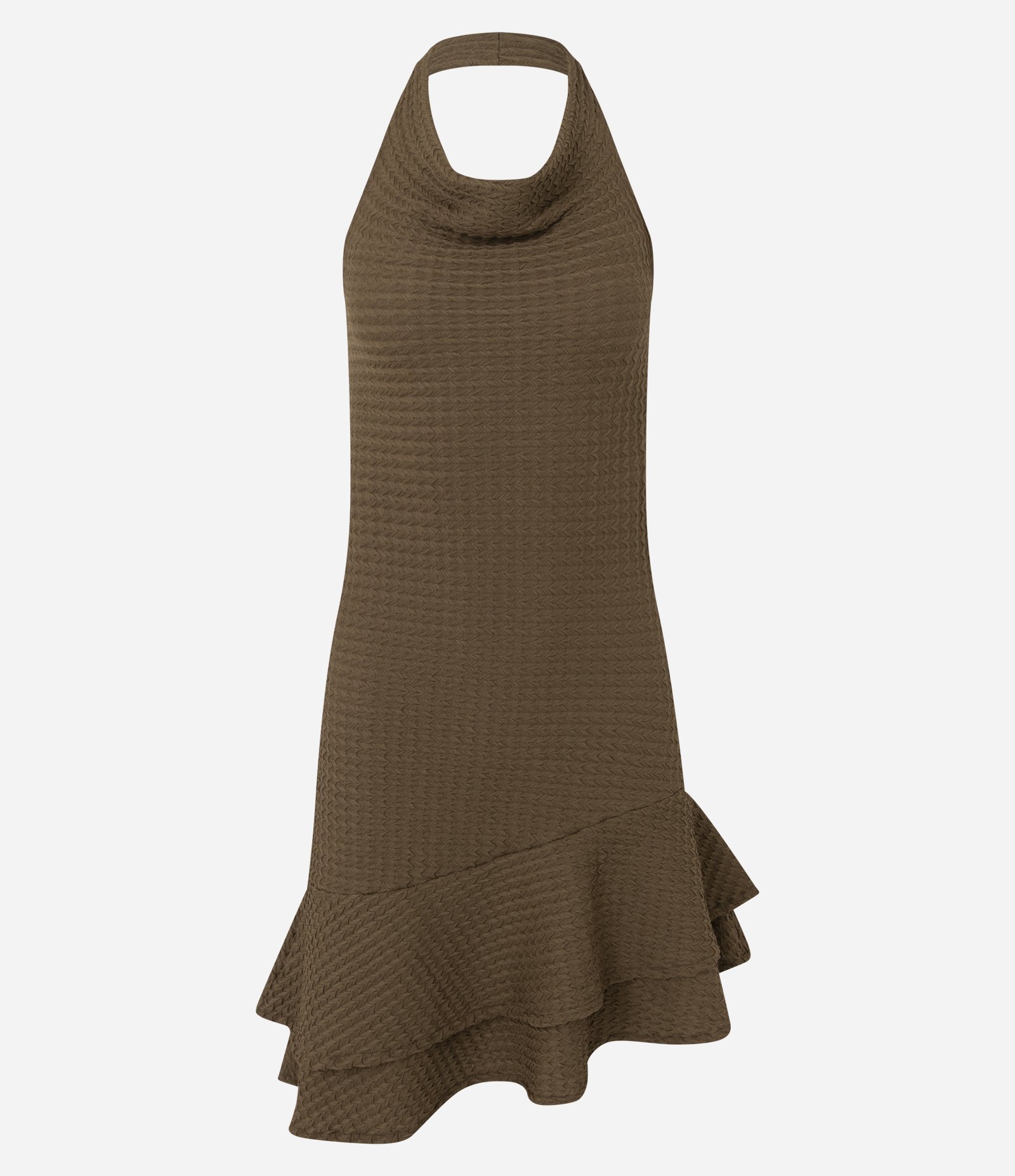 Vestido Curto Texturizado com Decote Degagê e Barra Assimétrica Marrom 5