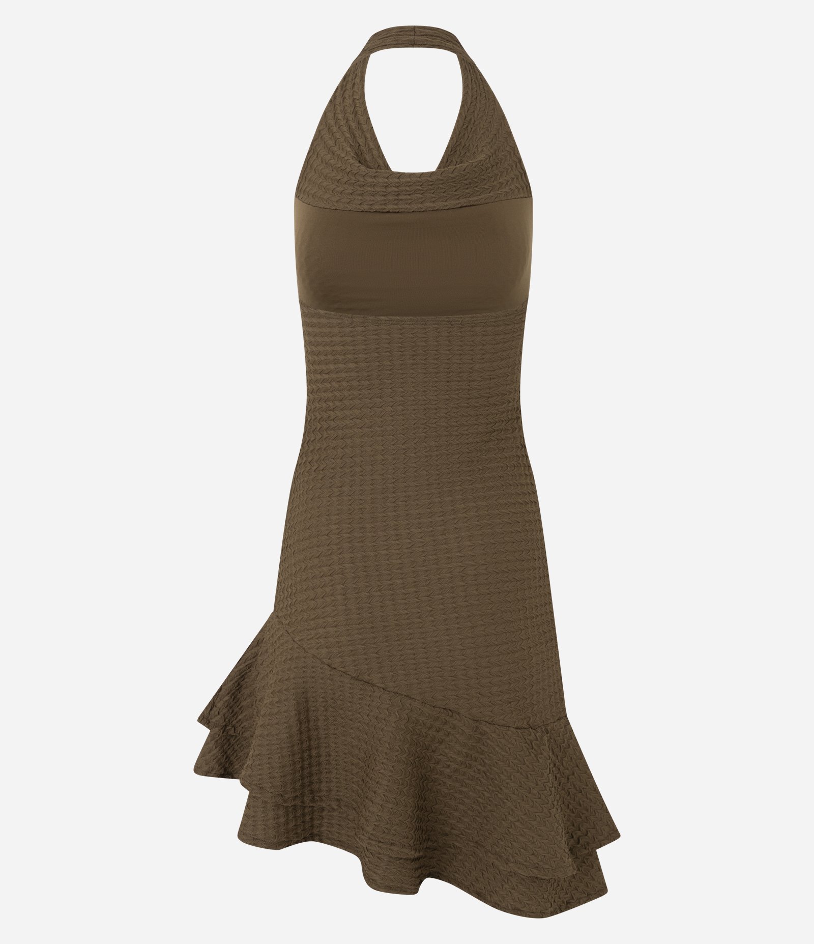 Vestido Curto Texturizado com Decote Degagê e Barra Assimétrica Marrom 7