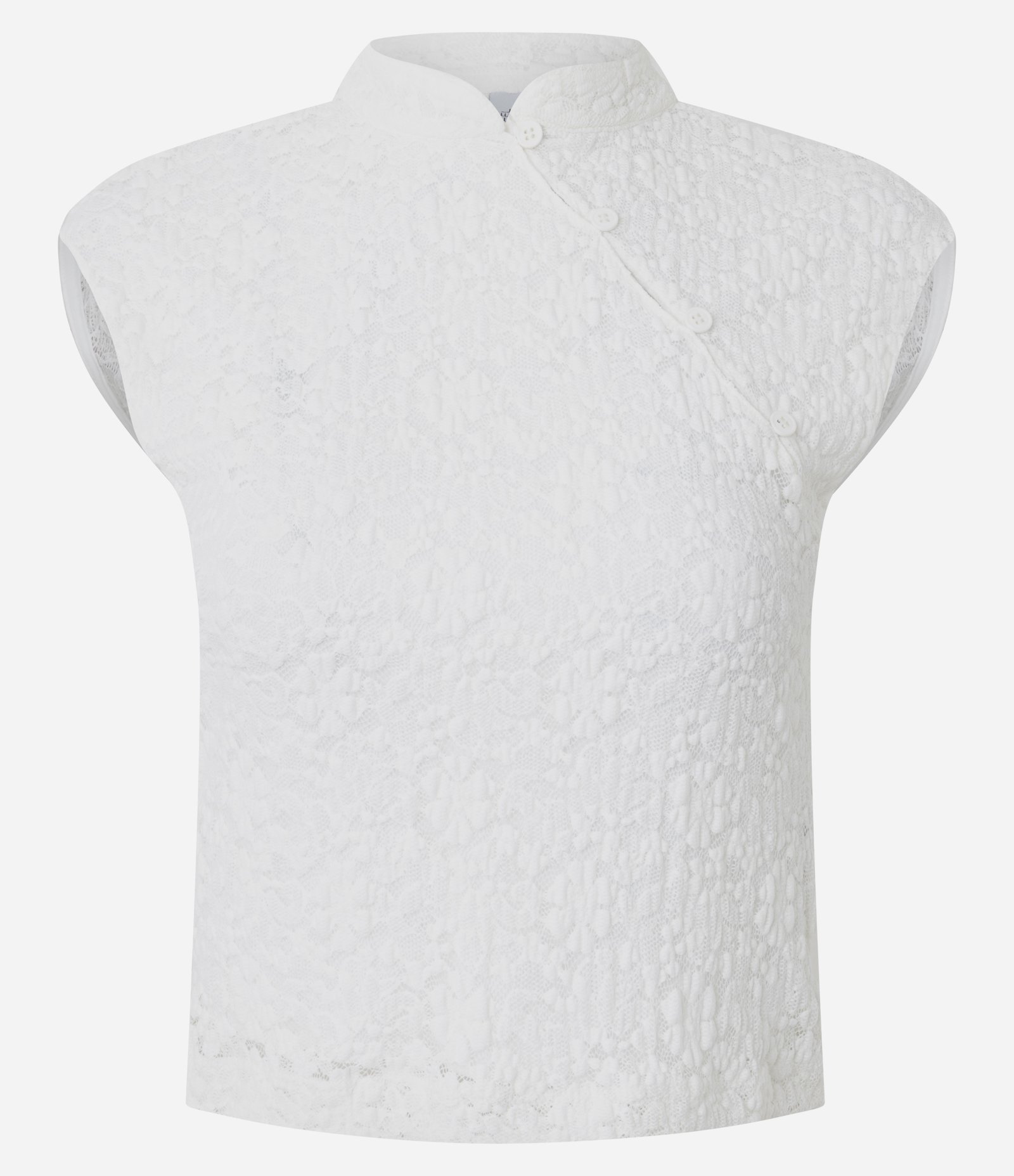 Blusa em Renda com Gola Oriental e Fechamento Transpassado Branco 6
