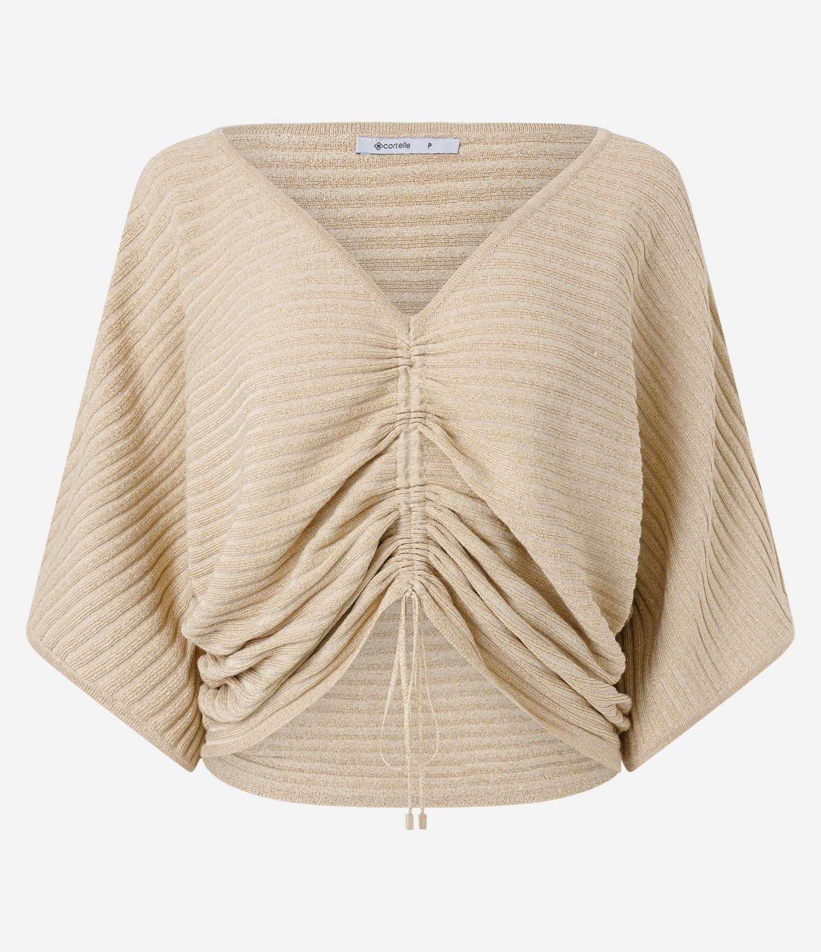 Blusa em Tricô com Decote V e Ajuste Frontal Bege 1