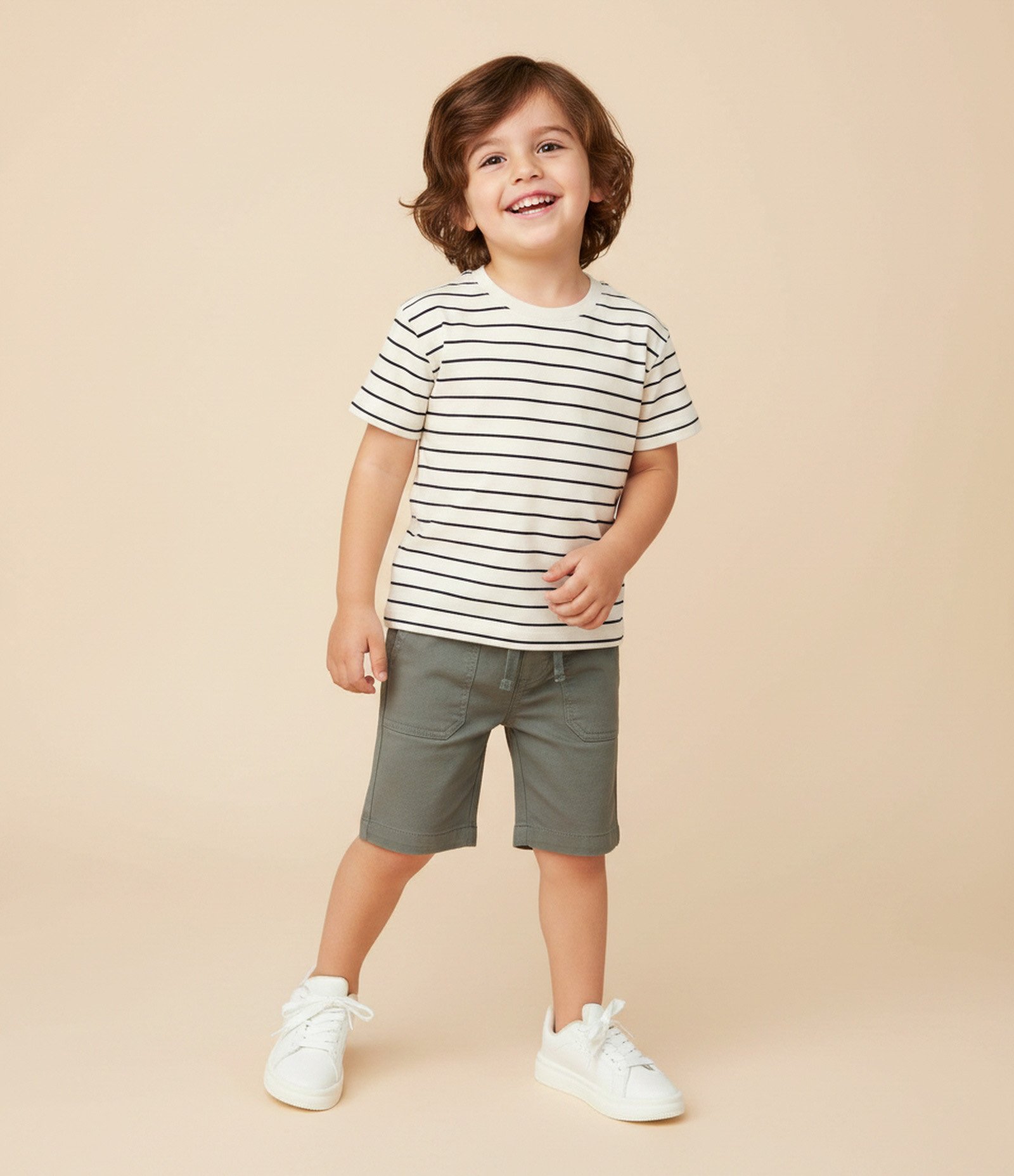 Camiseta Infantil Listrada em Algodão Texturizada – Tam 1 a 6 Anos Off White/Preto 1