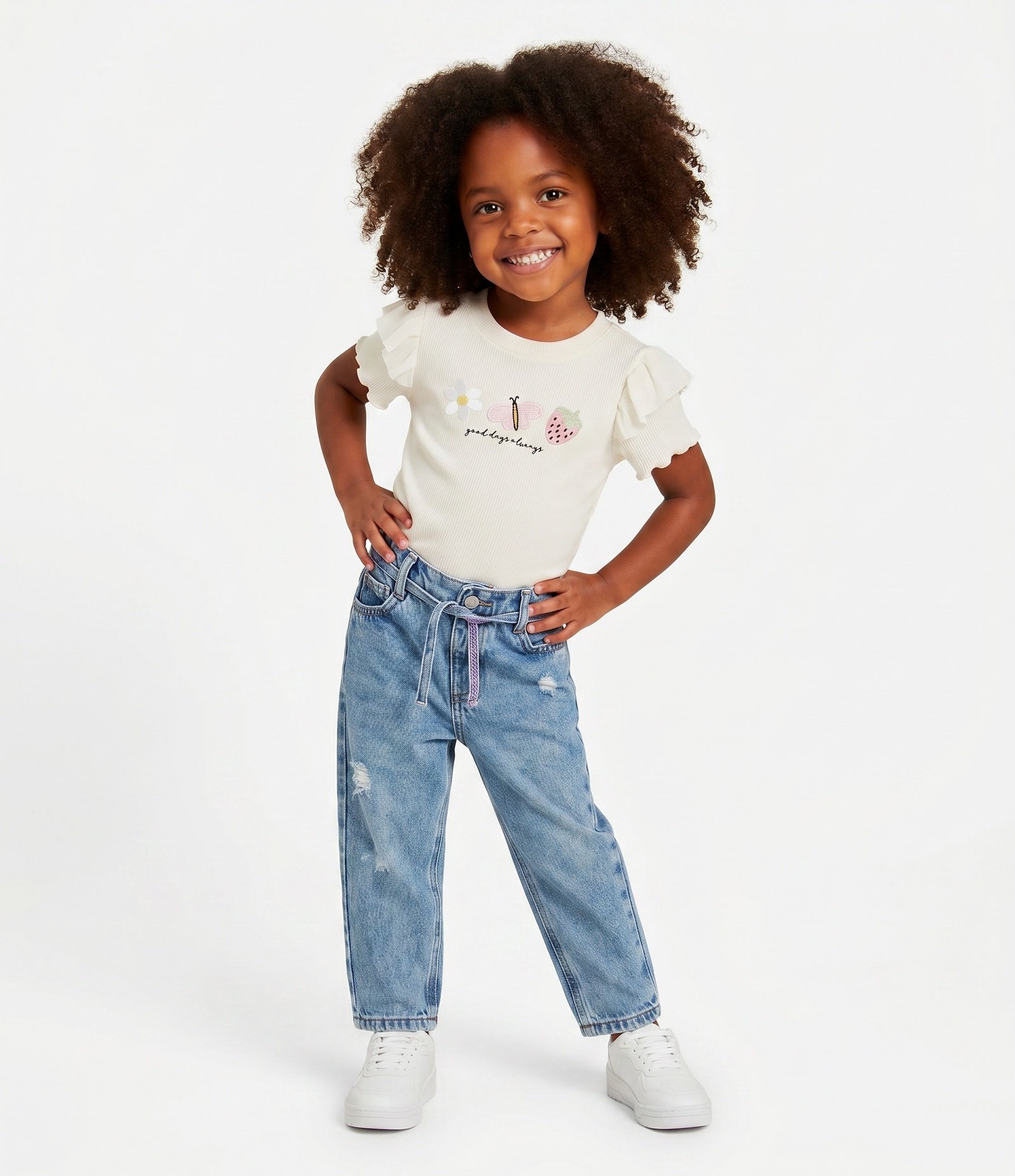 Blusa Slim em Ribana com Bordado de Ícones e Babado - Tam 1 a 6 Anos Bege 1