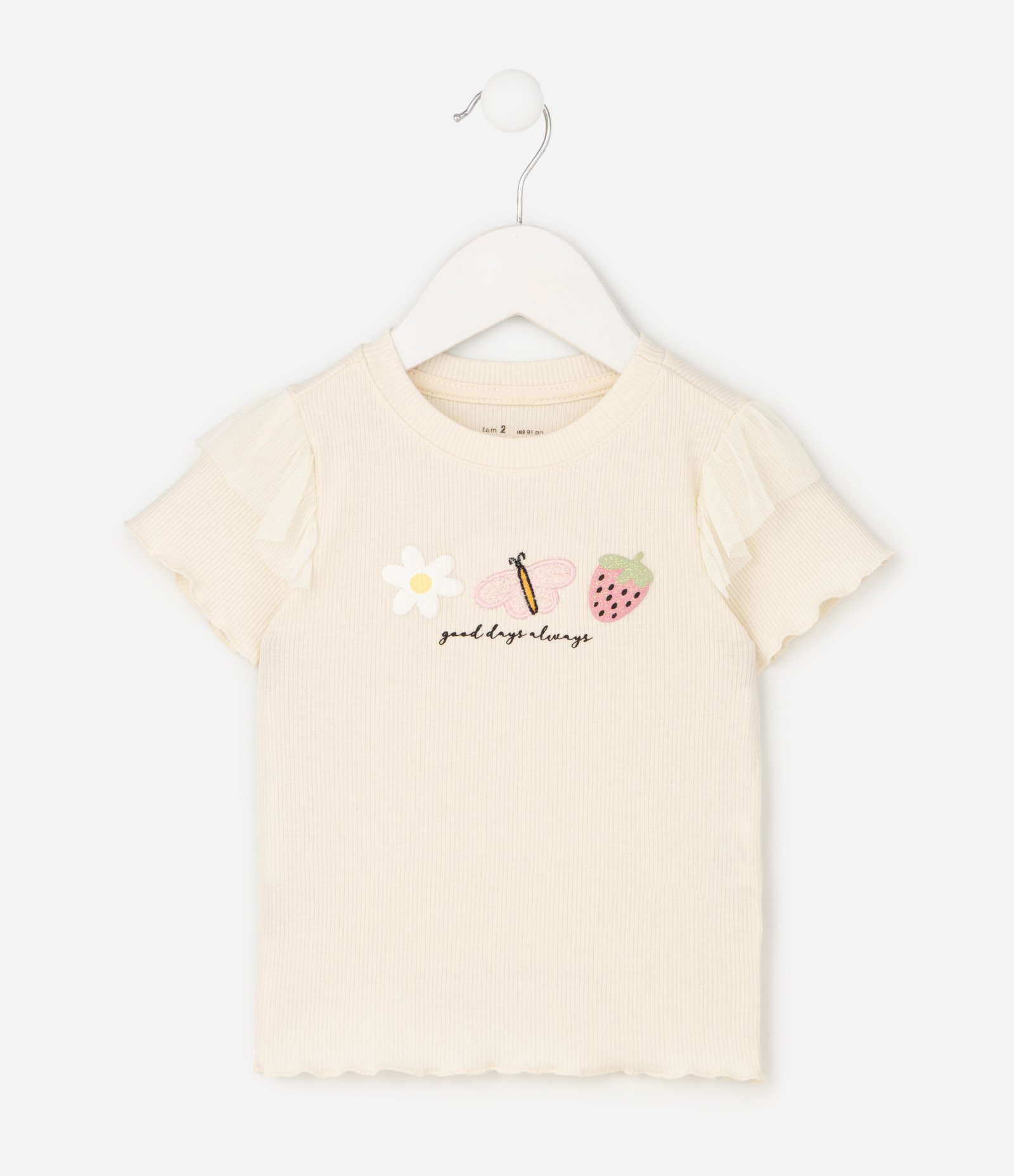 Blusa Slim em Ribana com Bordado de Ícones e Babado - Tam 1 a 6 Anos Bege 2