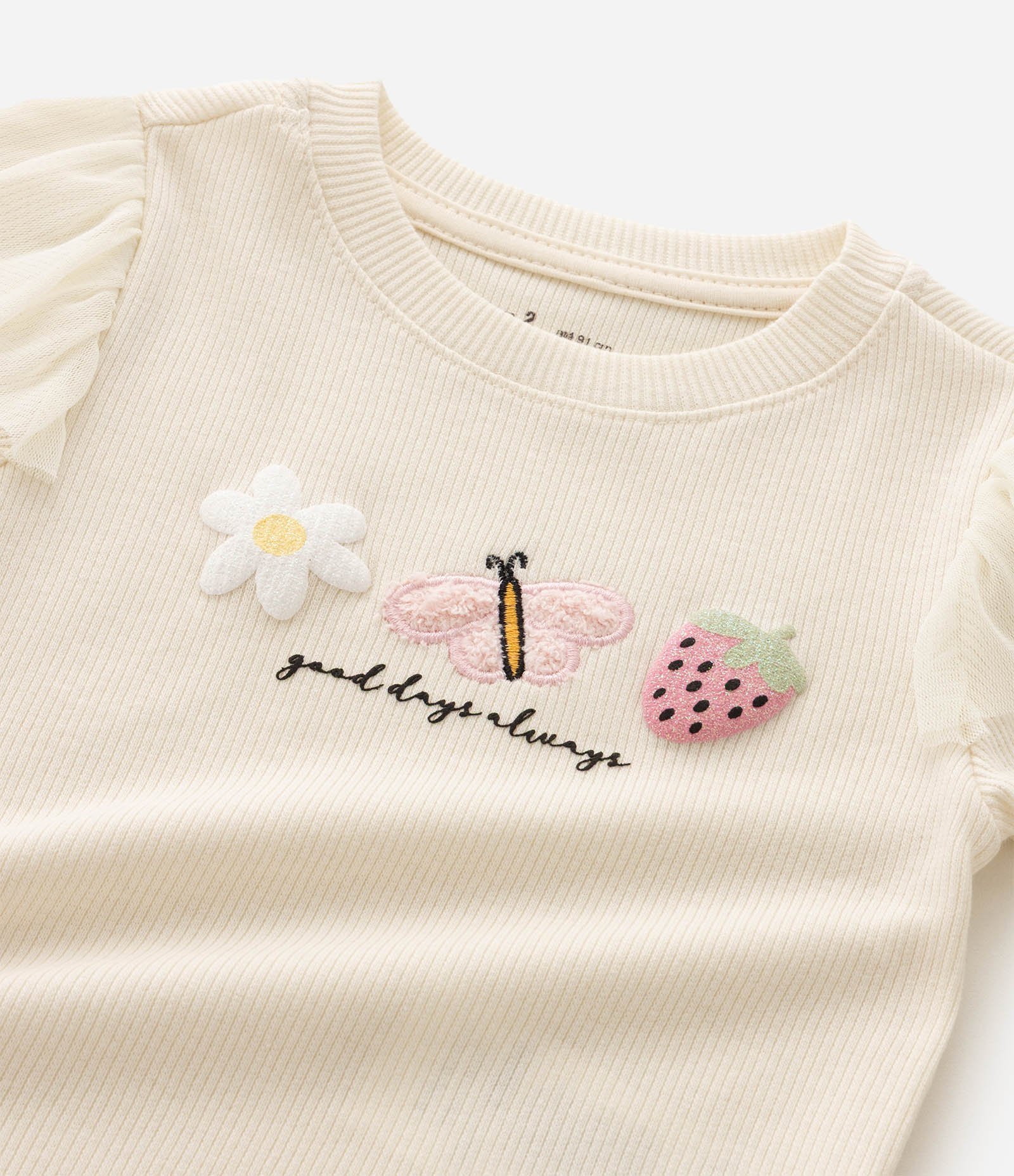 Blusa Slim em Ribana com Bordado de Ícones e Babado - Tam 1 a 6 Anos Bege 5