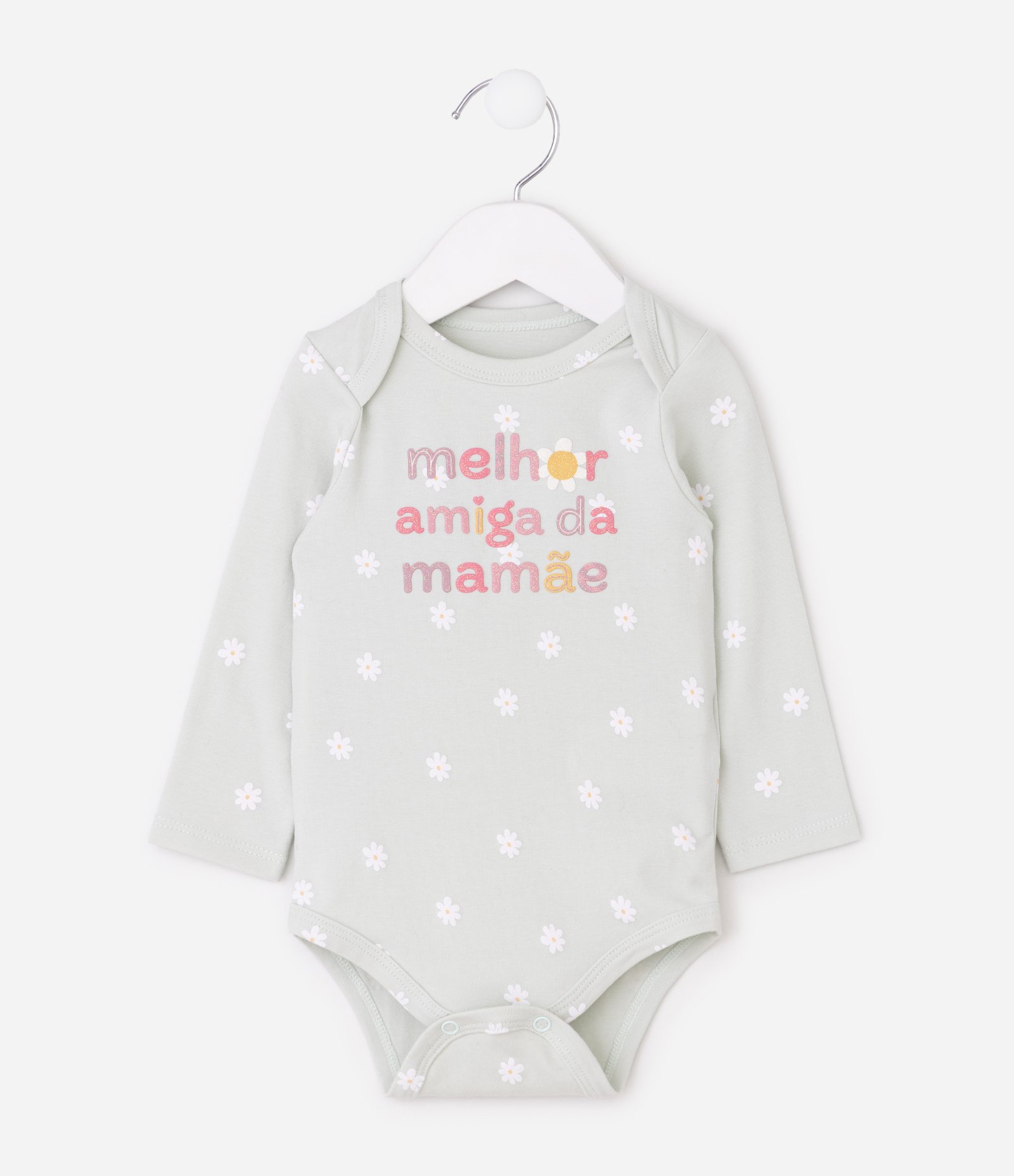 Body Bebê com Estampa Floral e Lettering Melhor Amiga da Mamãe – Tam RN a 18 Meses Verde Acinzentado 2