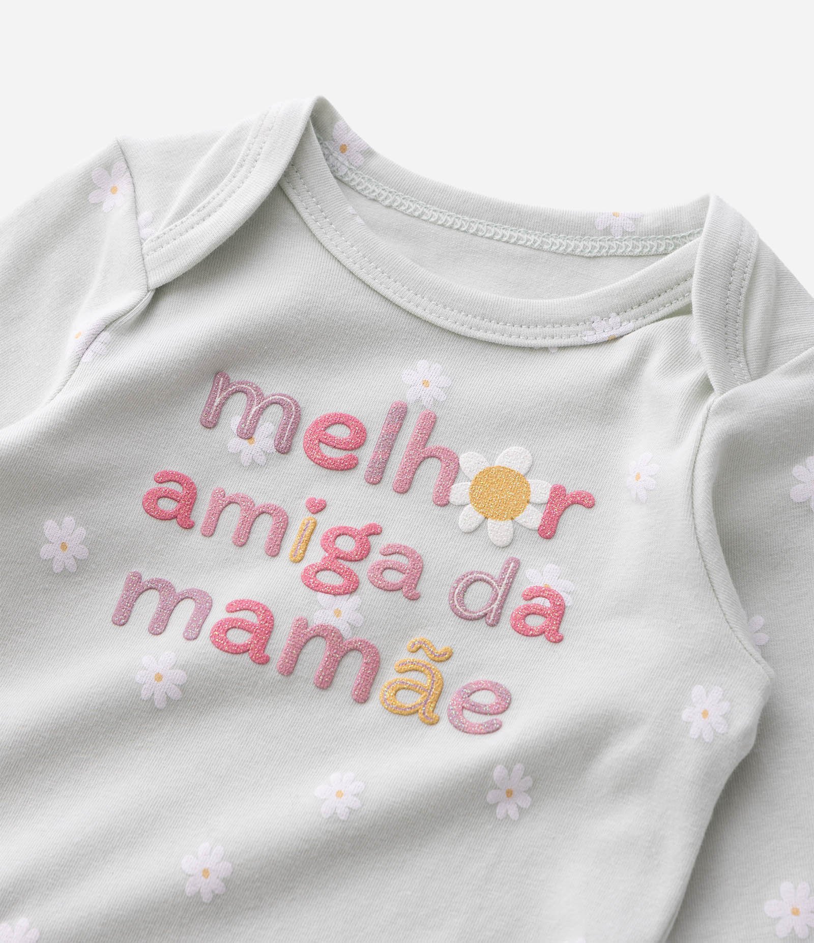 Body Bebê com Estampa Floral e Lettering Melhor Amiga da Mamãe – Tam RN a 18 Meses Verde Acinzentado 5