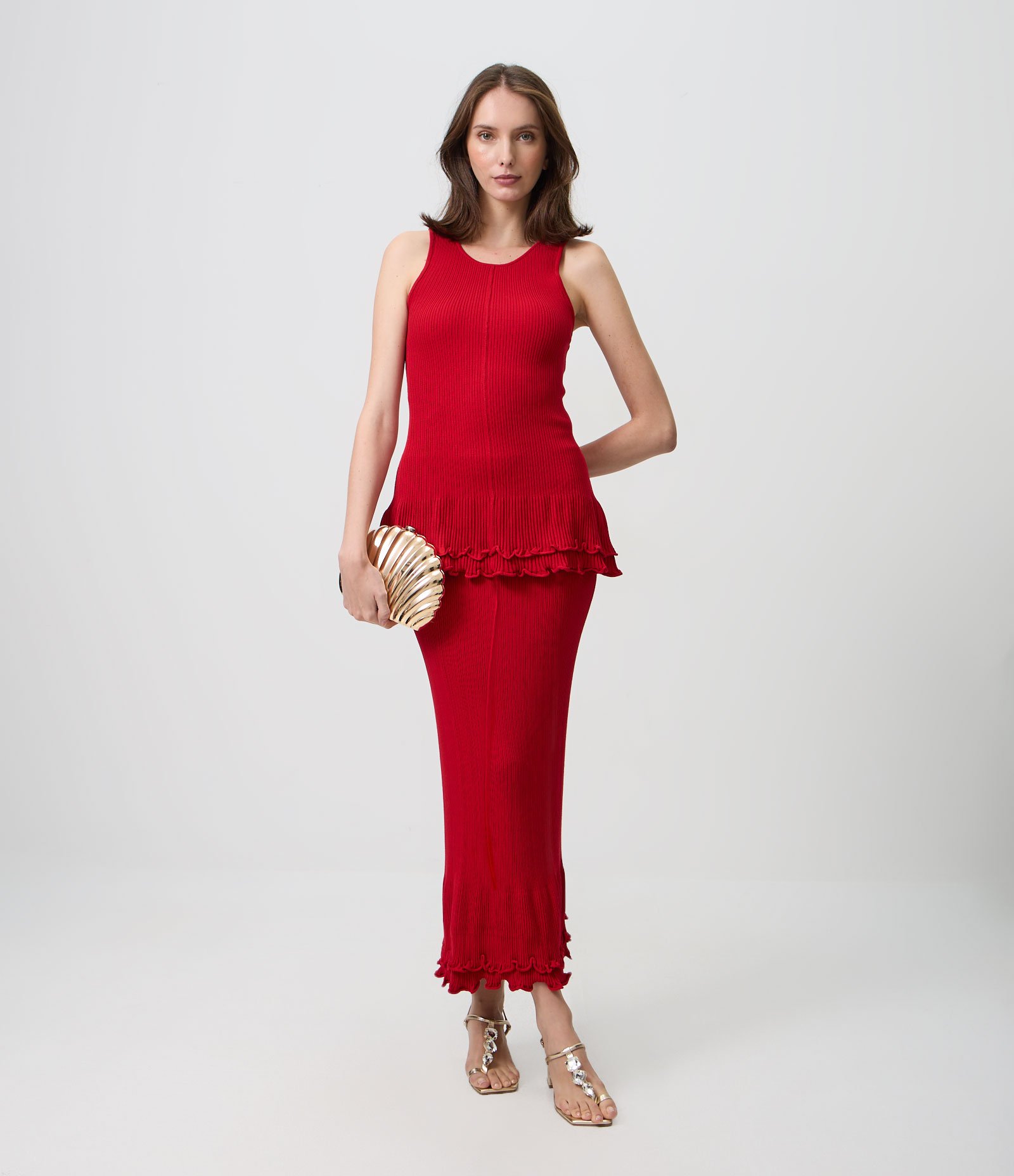 Blusa Alongada em Tricô com Barra Ondulada Vermelho 2