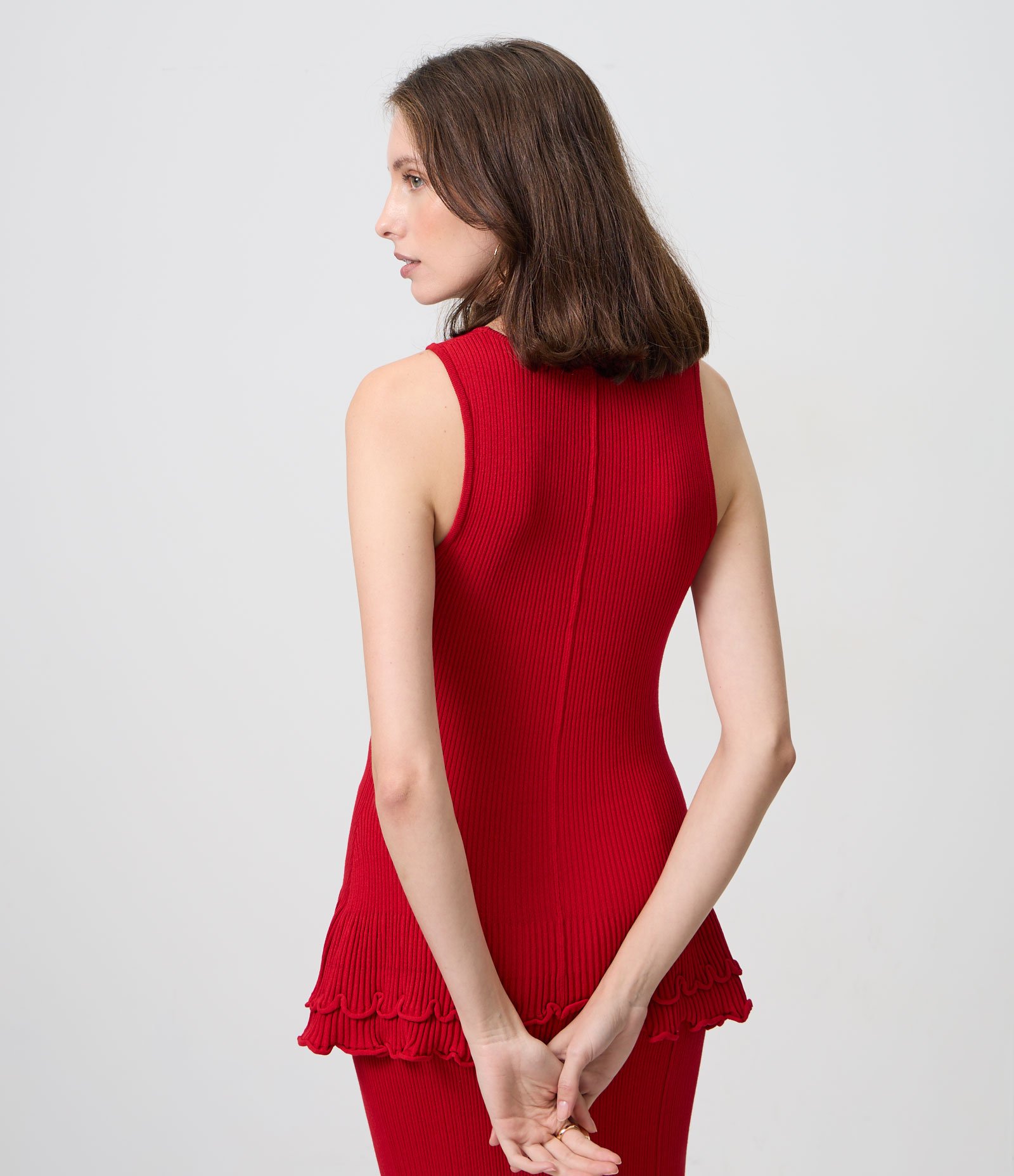 Blusa Alongada em Tricô com Barra Ondulada Vermelho 5