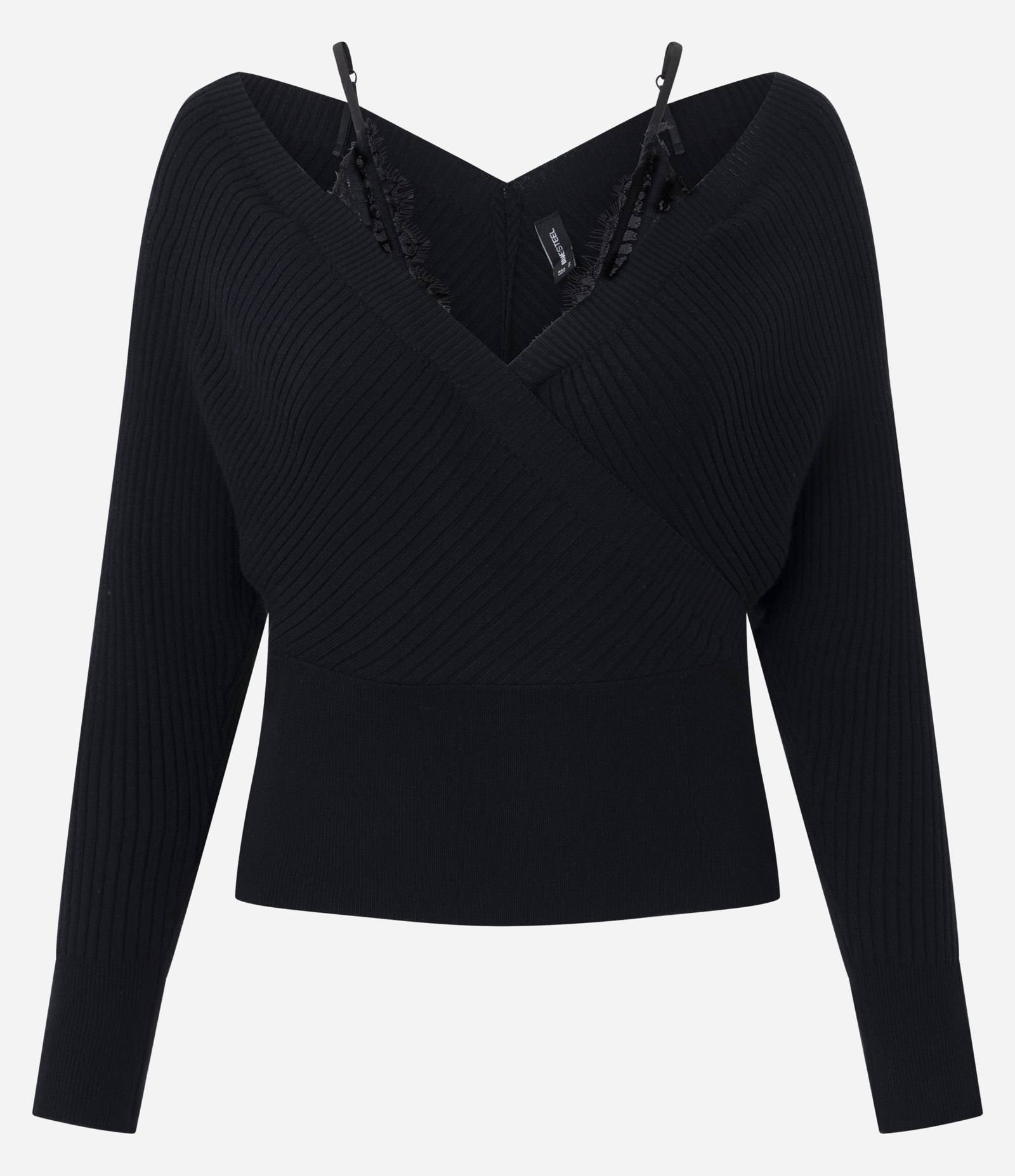 Blusa Ombro a Ombro em Tricô Canelado com Alças em Renda Preto 1