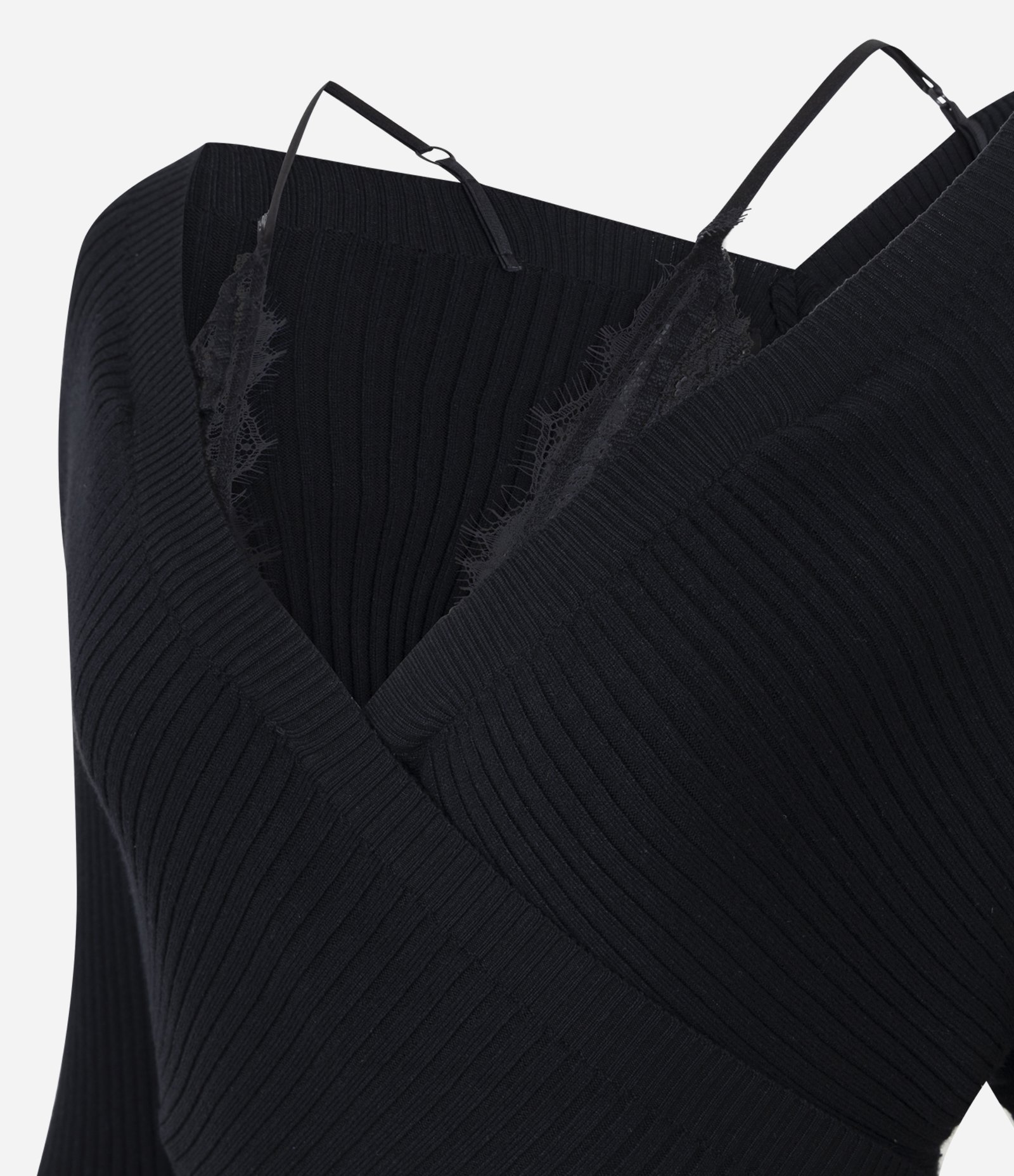 Blusa Ombro a Ombro em Tricô Canelado com Alças em Renda Preto 2