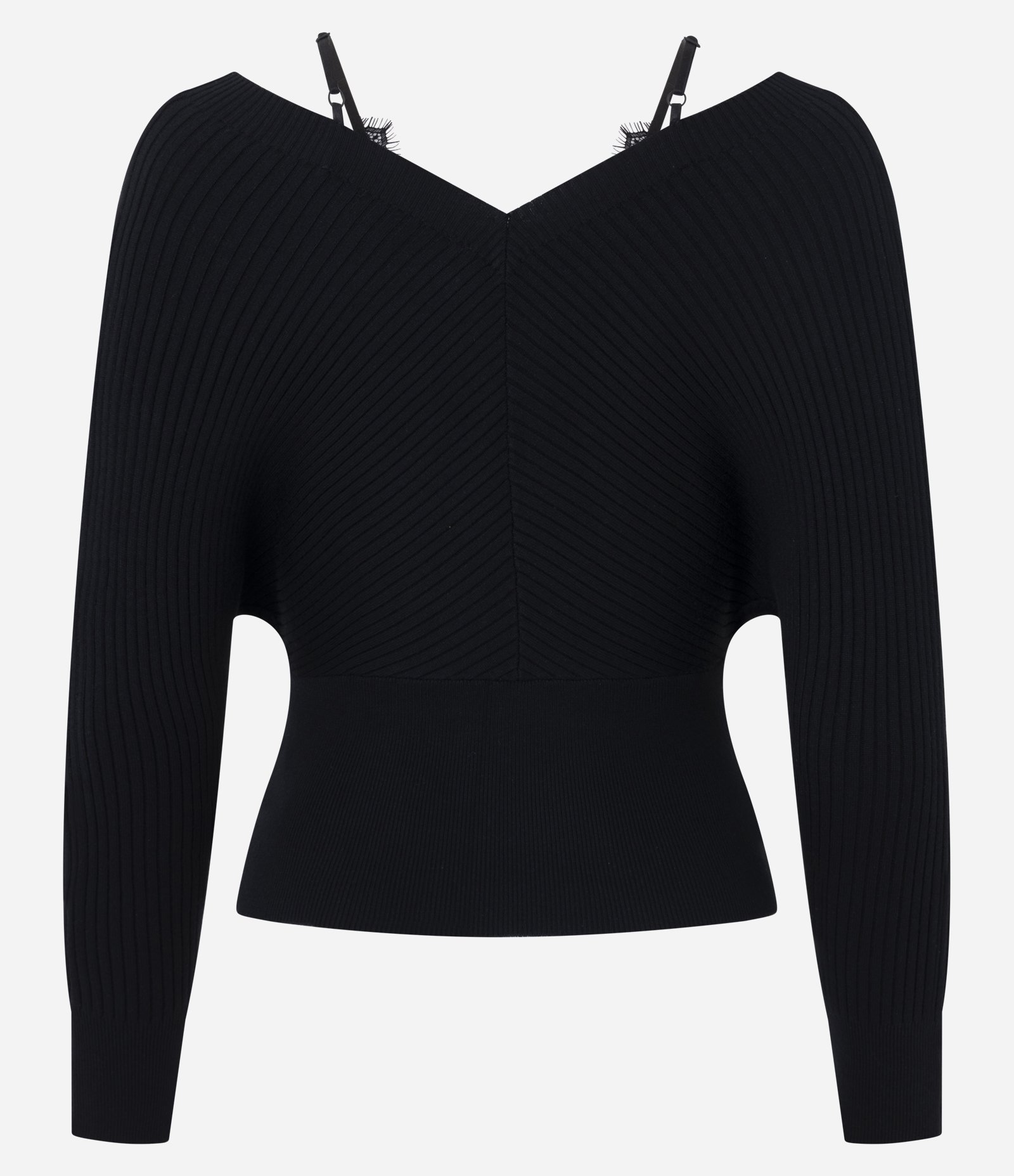 Blusa Ombro a Ombro em Tricô Canelado com Alças em Renda Preto 3