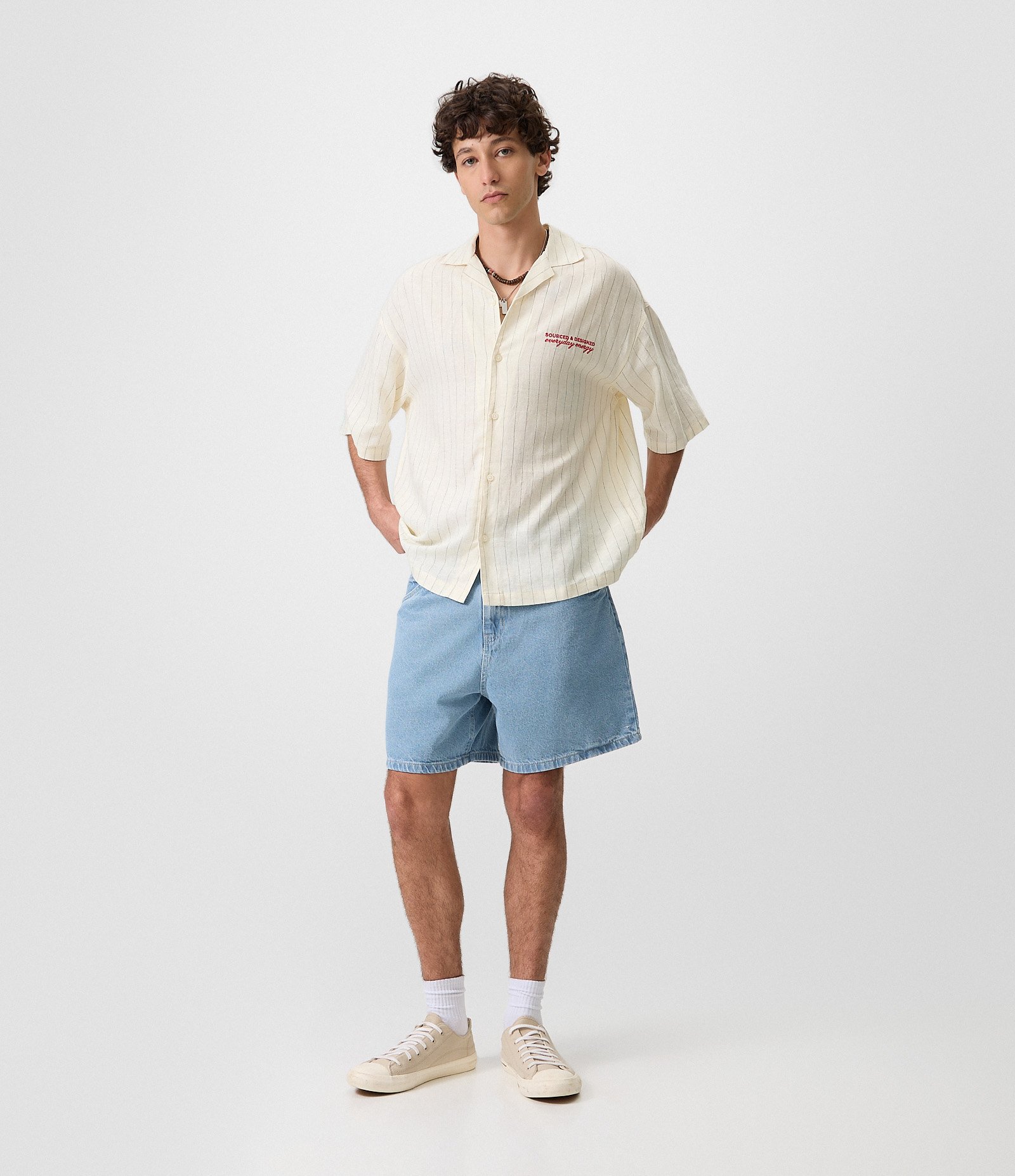 Camisa Boxy em Viscolinho Listrada com Bordado Off White 2