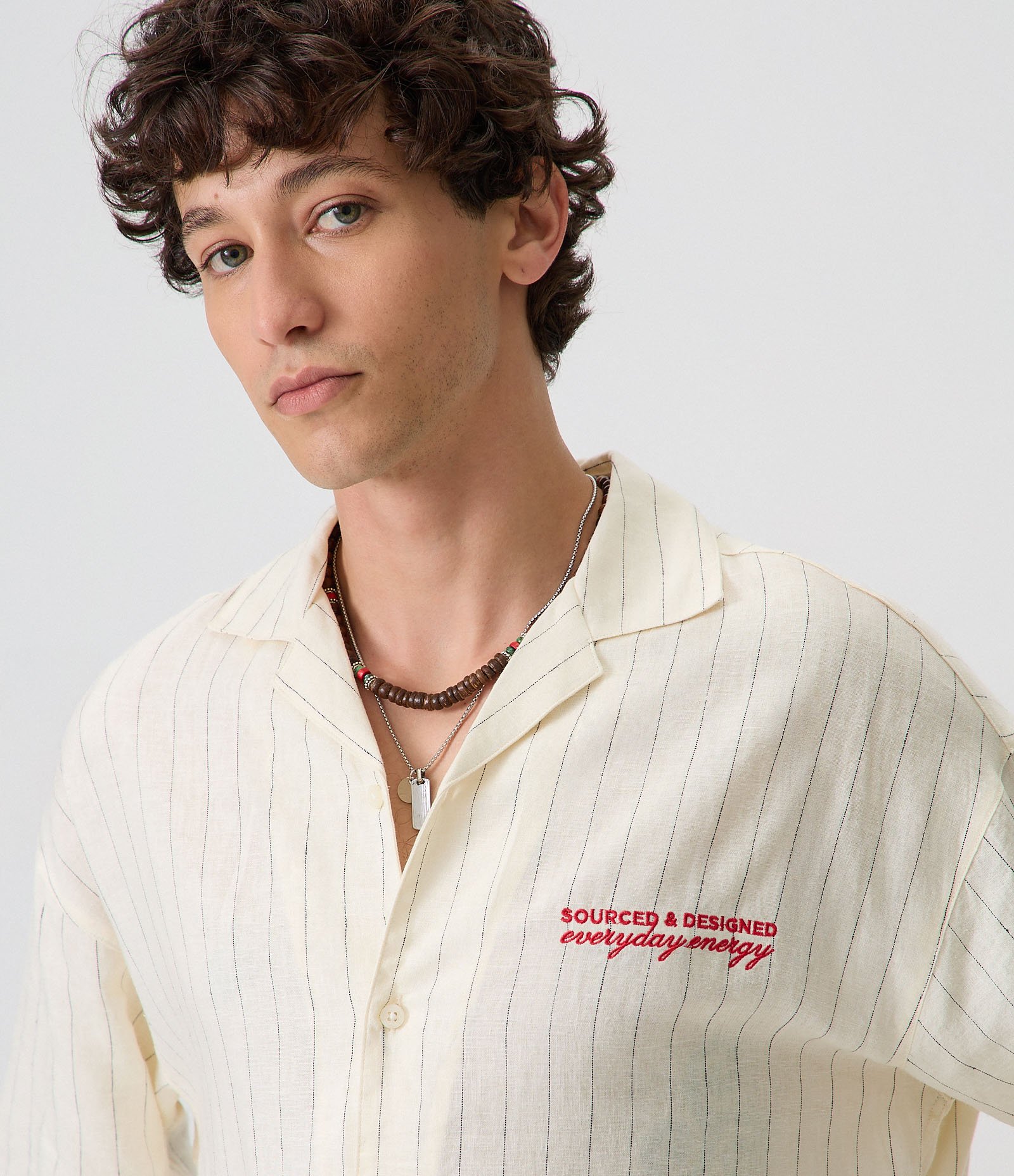 Camisa Boxy em Viscolinho Listrada com Bordado Off White 3