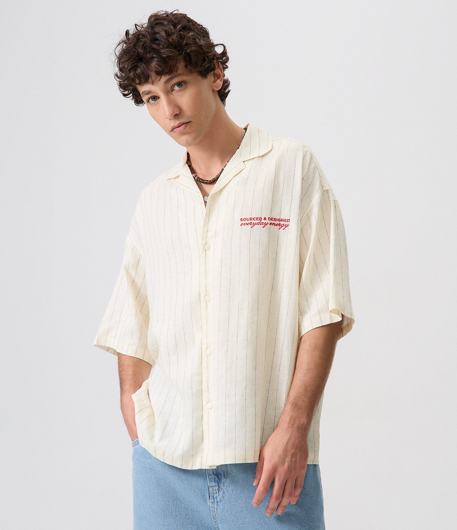 Camisa Boxy em Viscolinho Listrada com Bordado Off White 4