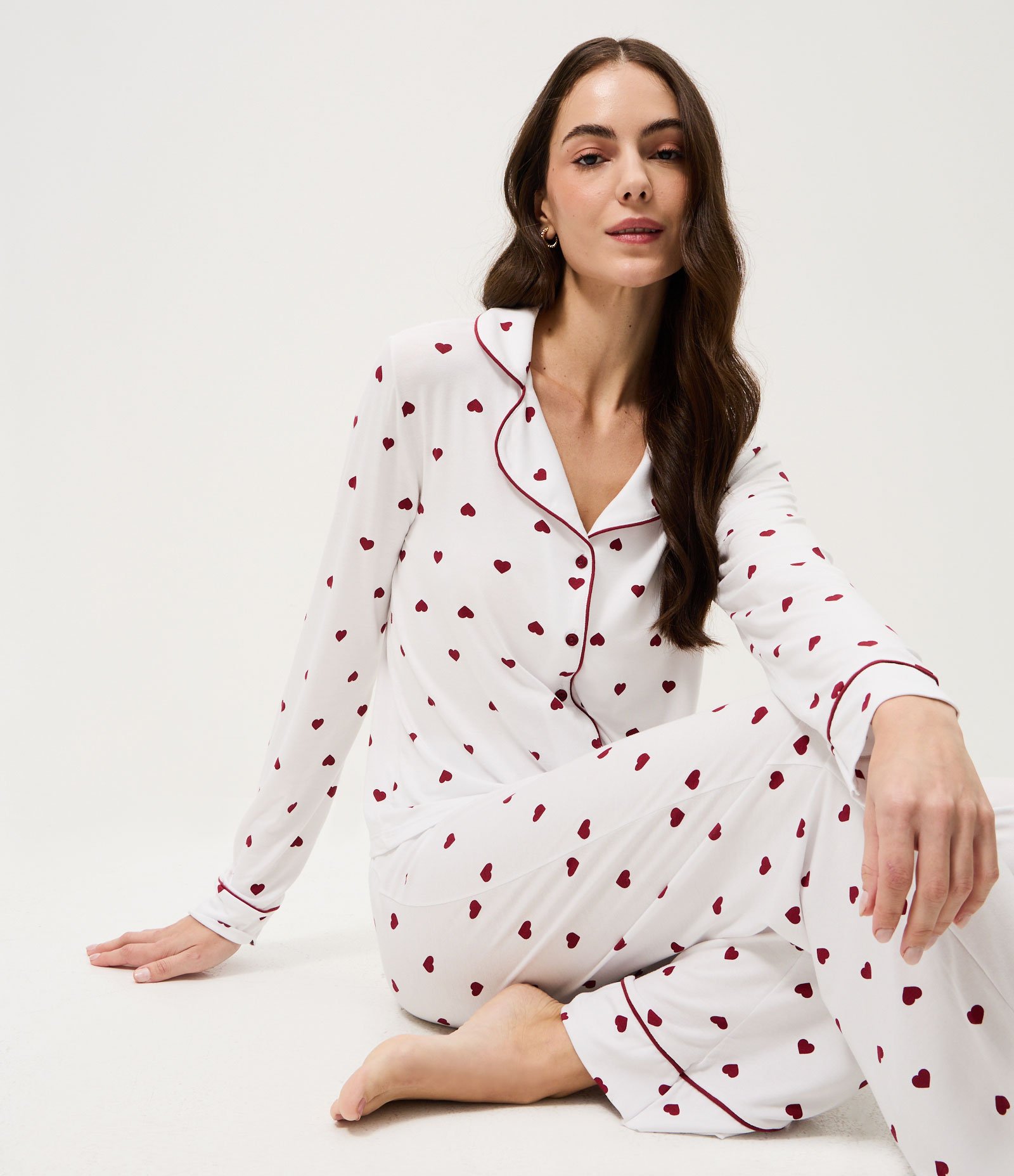 Pijama Longo Americano Poá Namorados Branco 1