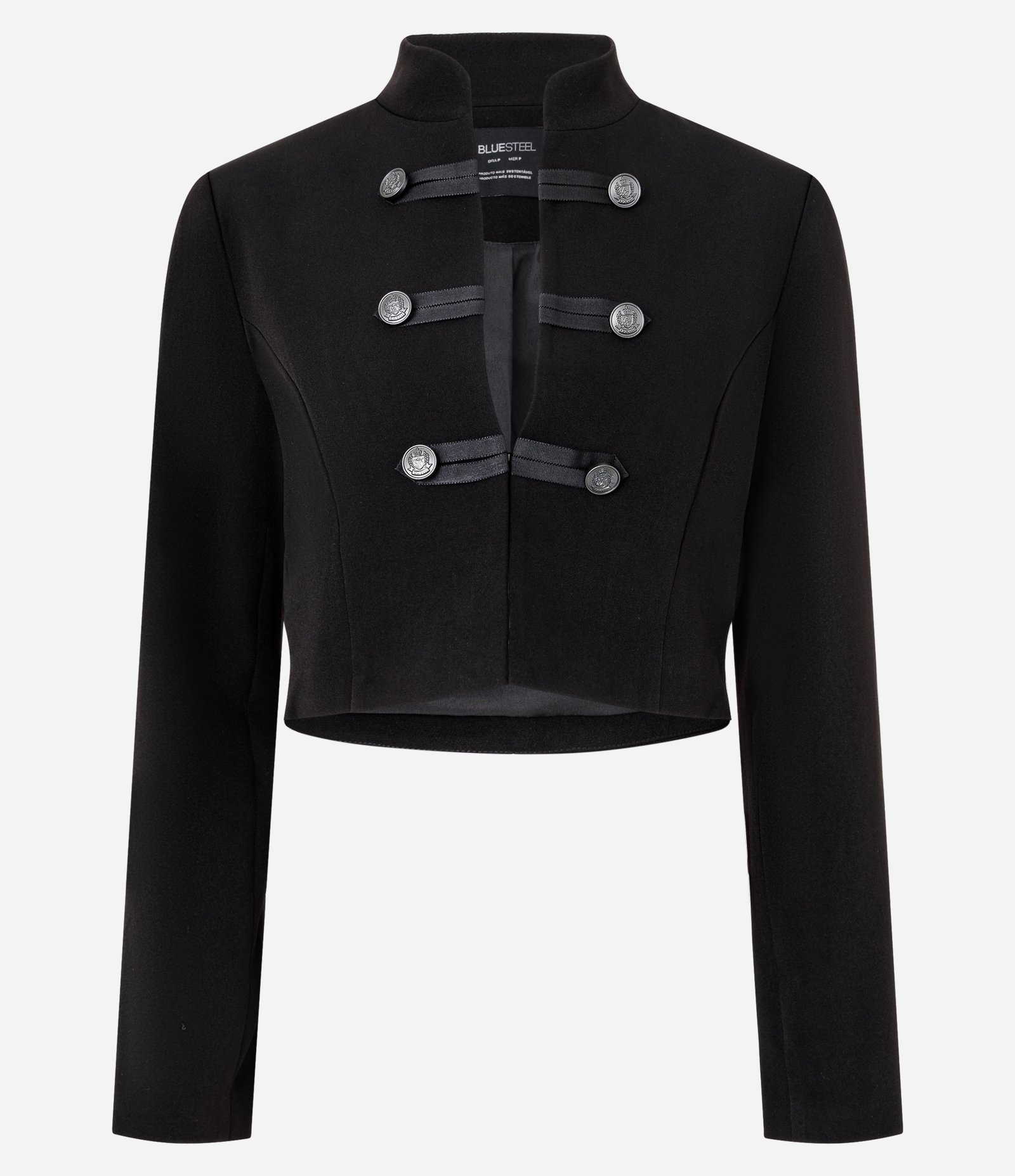 Blazer Cropped Alfaiatado com Botões e Gola Alta Preto 6