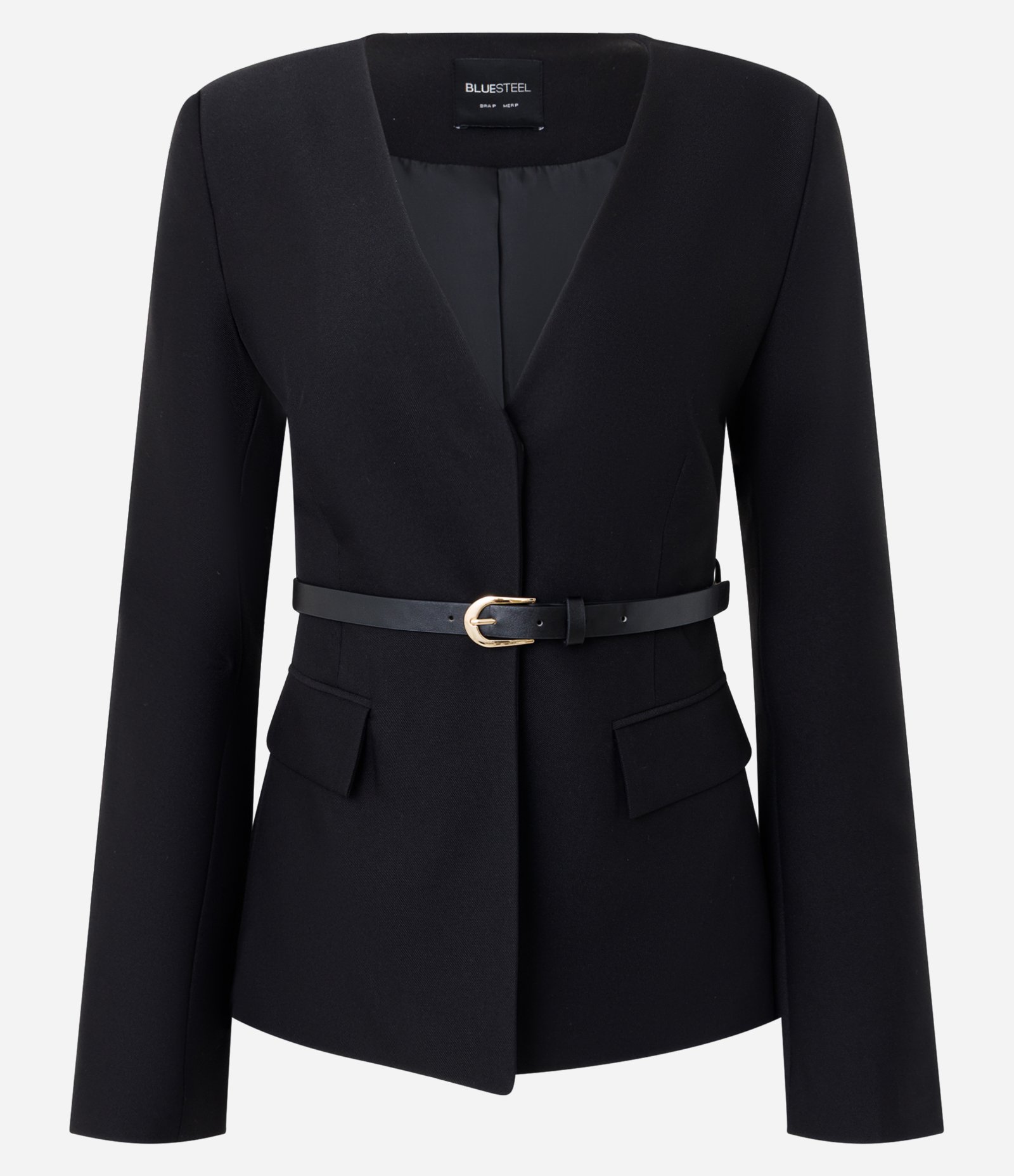 Blazer Alongado com Cinto e Decote em V Preto 1