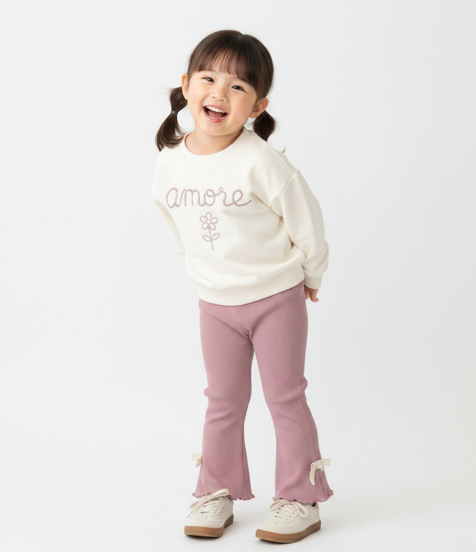 Conjunto Comfort Infantil em Moletom com Bordado e Laços Lateral – Tam 1 a 6 Anos Rosa/Off White 1
