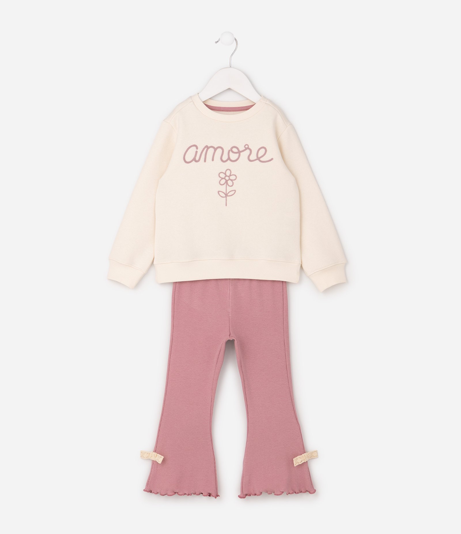 Conjunto Comfort Infantil em Moletom com Bordado e Laços Lateral – Tam 1 a 6 Anos Rosa/Off White 2