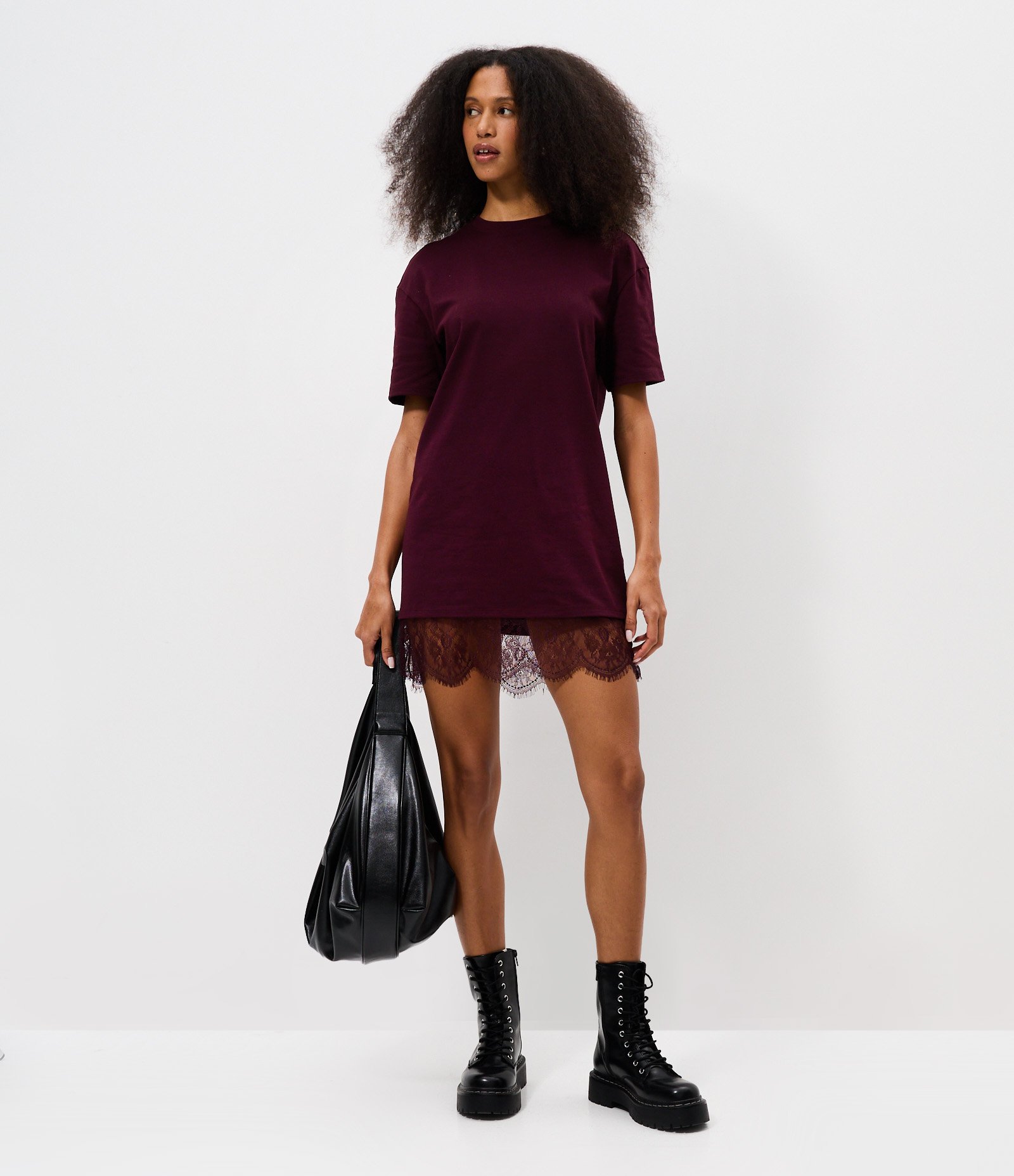 Vestido Reto em Algodão com Renda na Barra Vinho 1