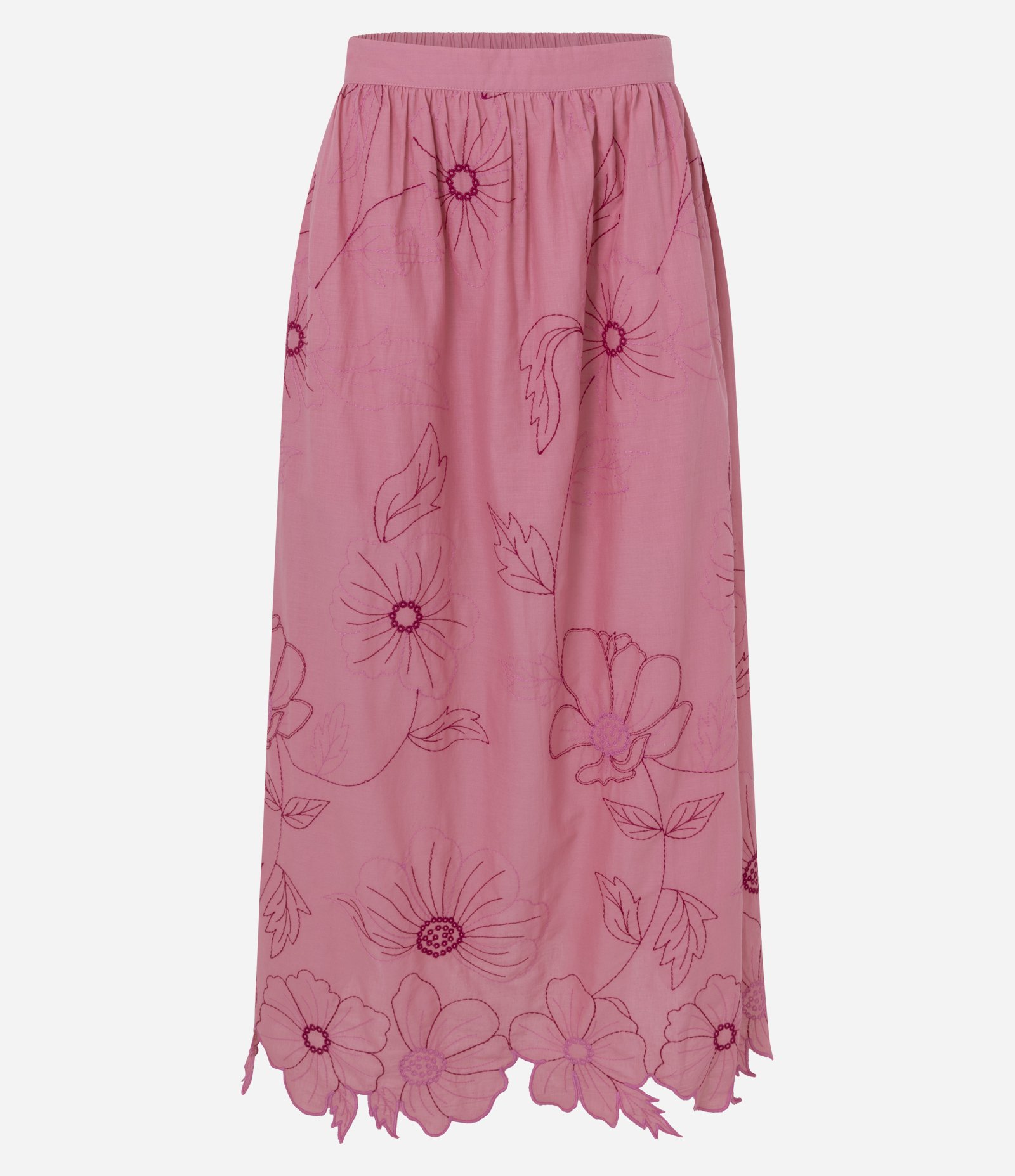 Saia Long Midi em Algodão com Bordado de Flores Rosa 1