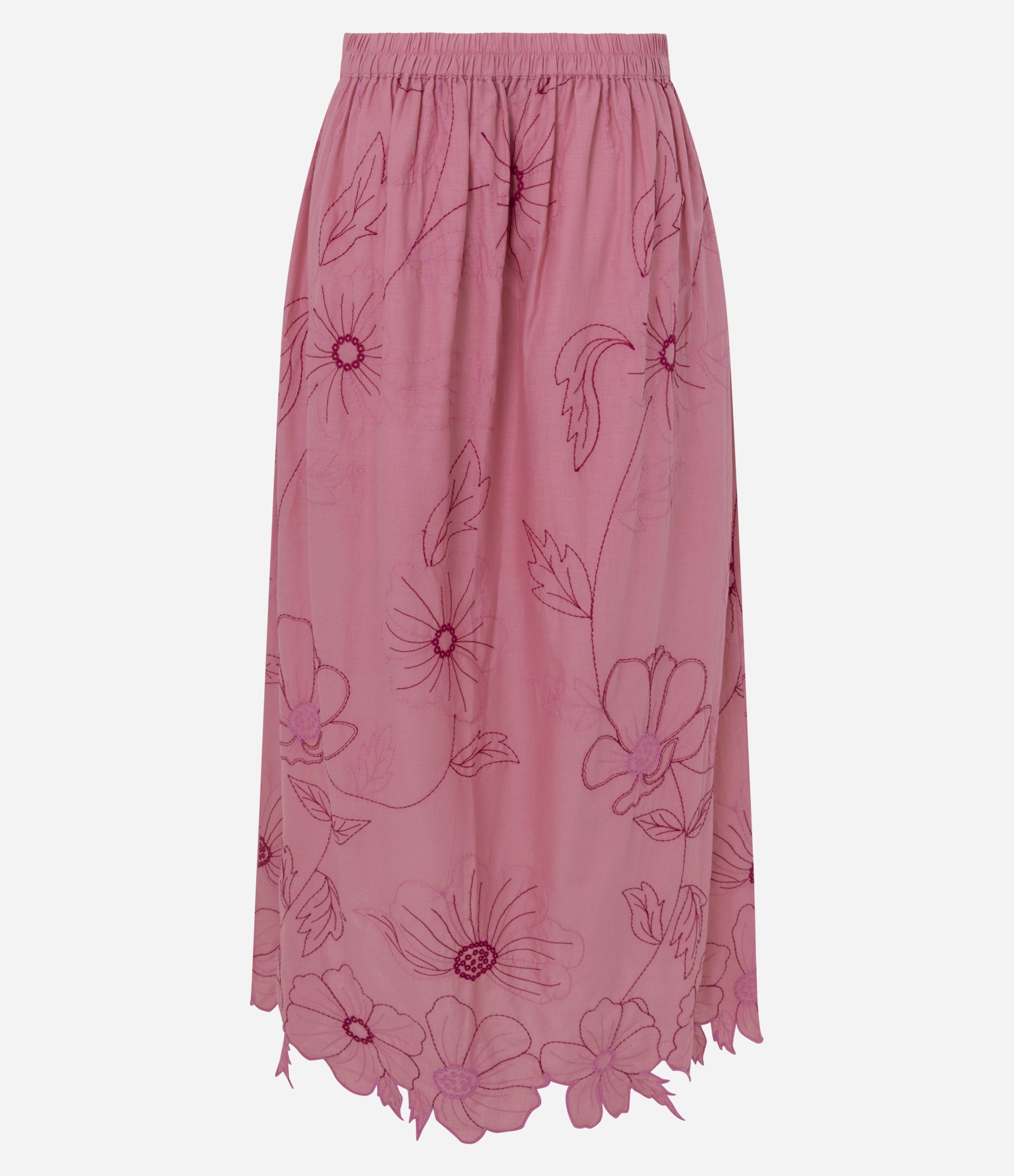 Saia Long Midi em Algodão com Bordado de Flores Rosa 4