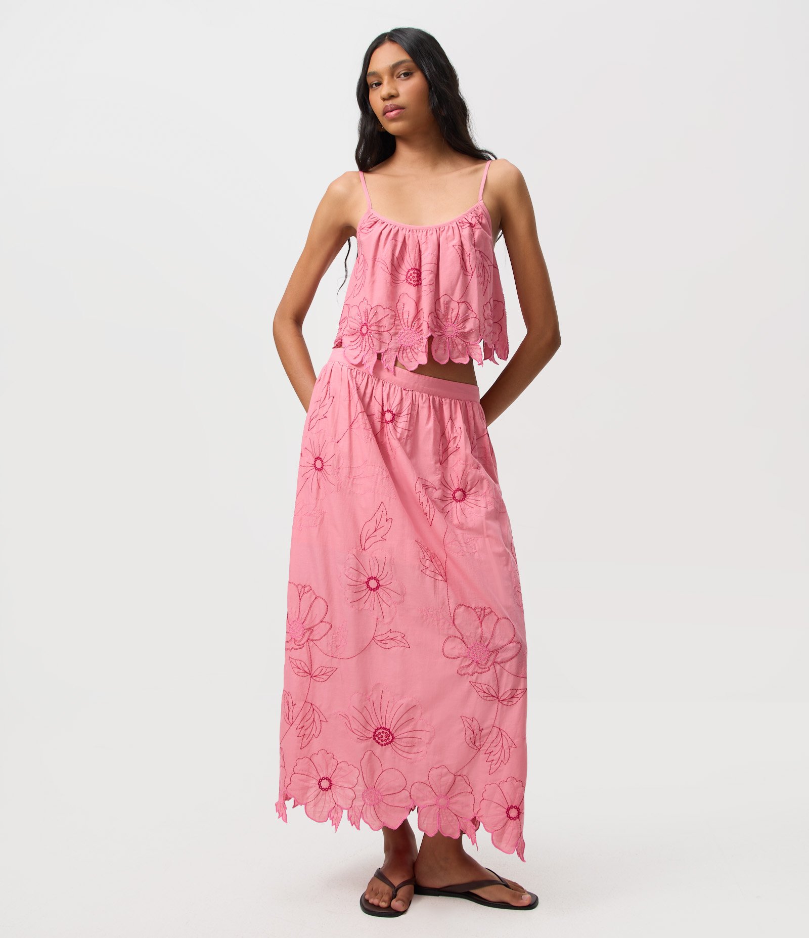 Saia Long Midi em Algodão com Bordado de Flores Rosa 1