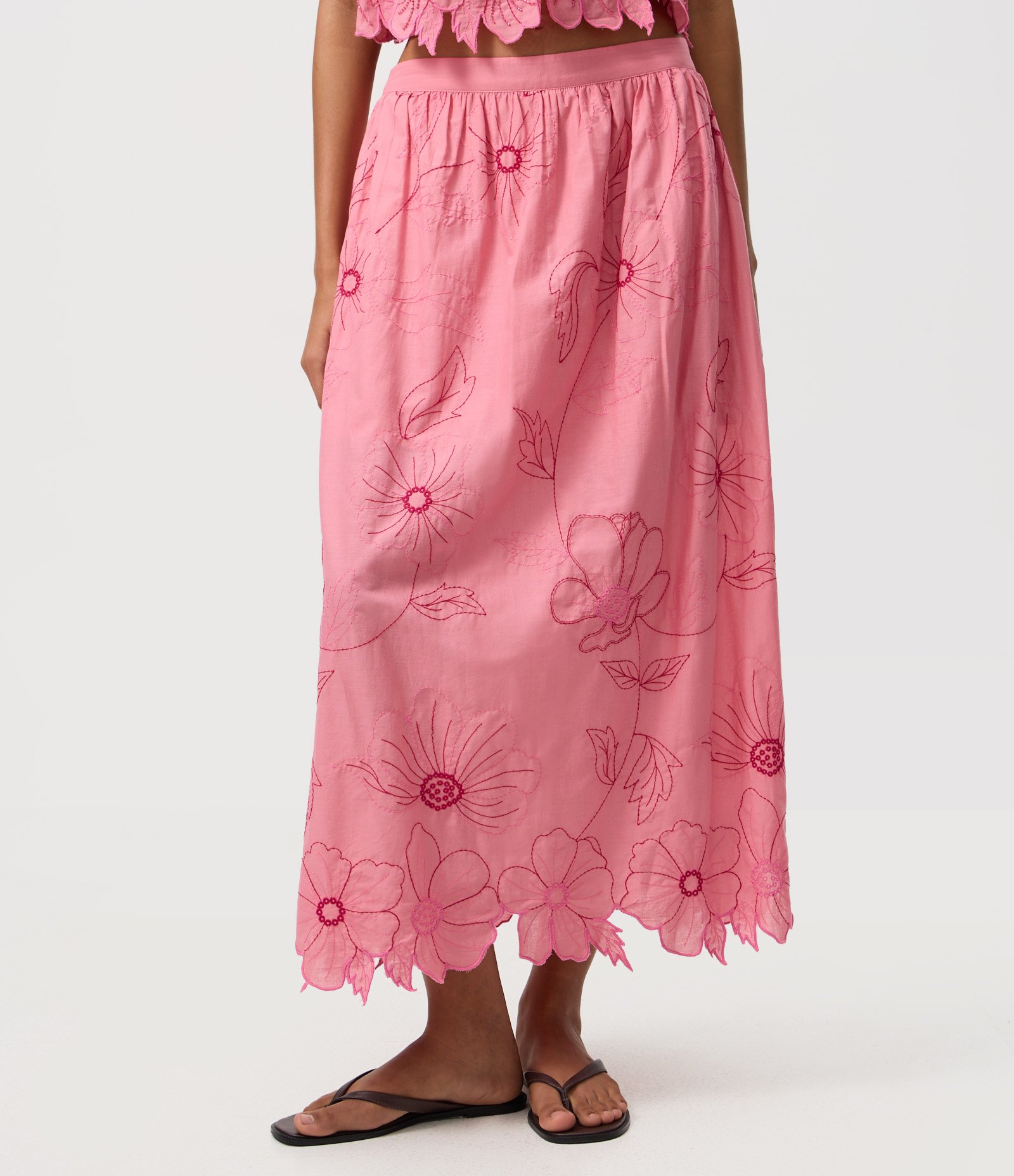 Saia Long Midi em Algodão com Bordado de Flores Rosa 2
