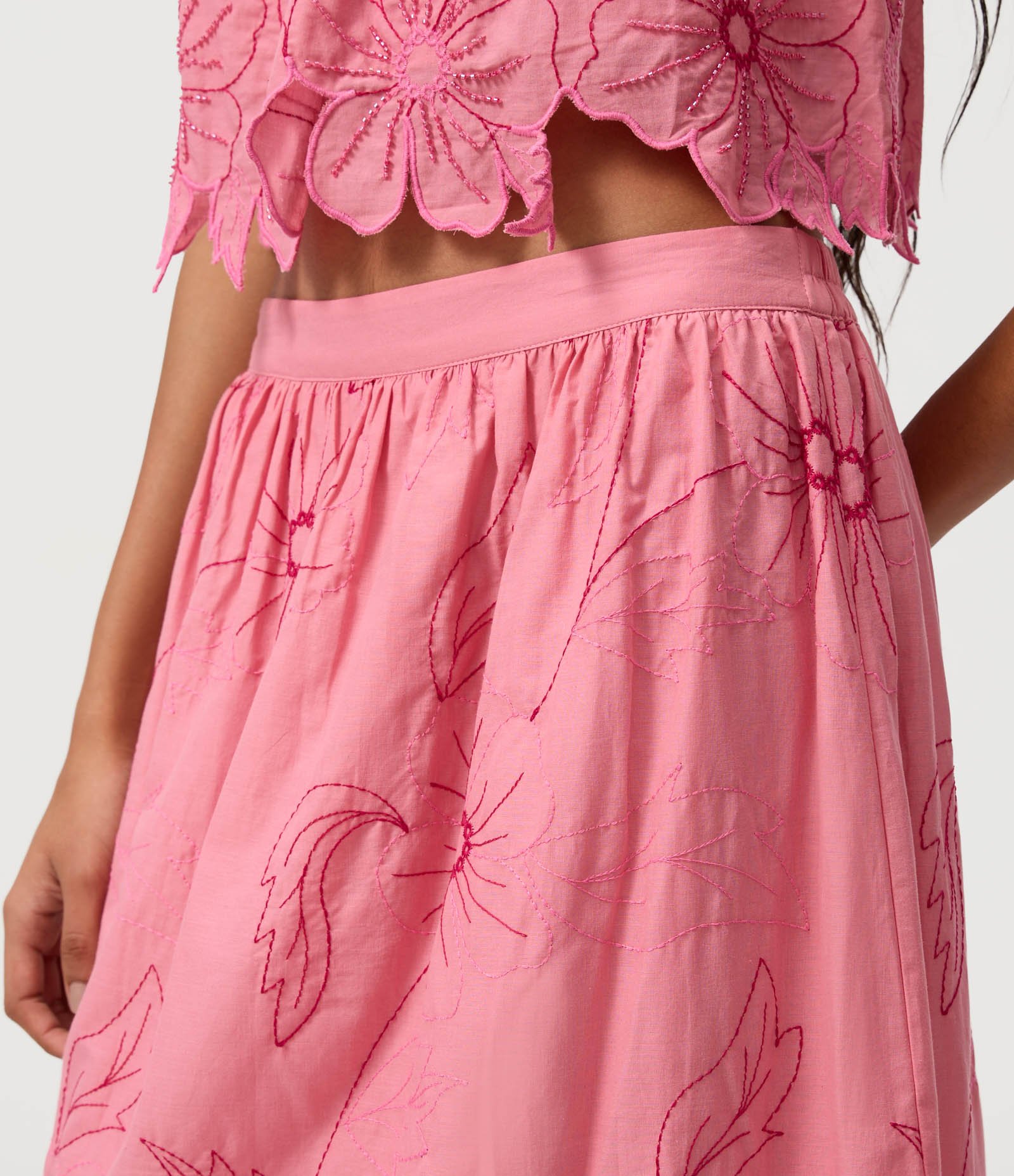 Saia Long Midi em Algodão com Bordado de Flores Rosa 3