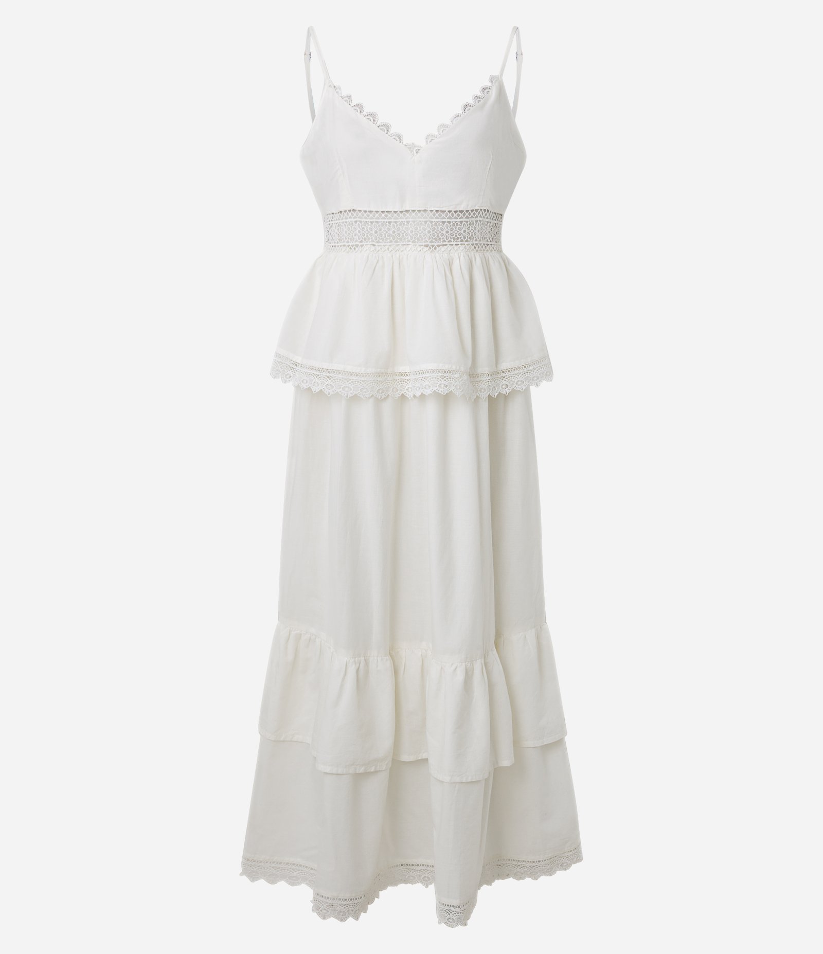 Vestido Midi em Tricoline com Babados e Detalhes em Renda Branco 1