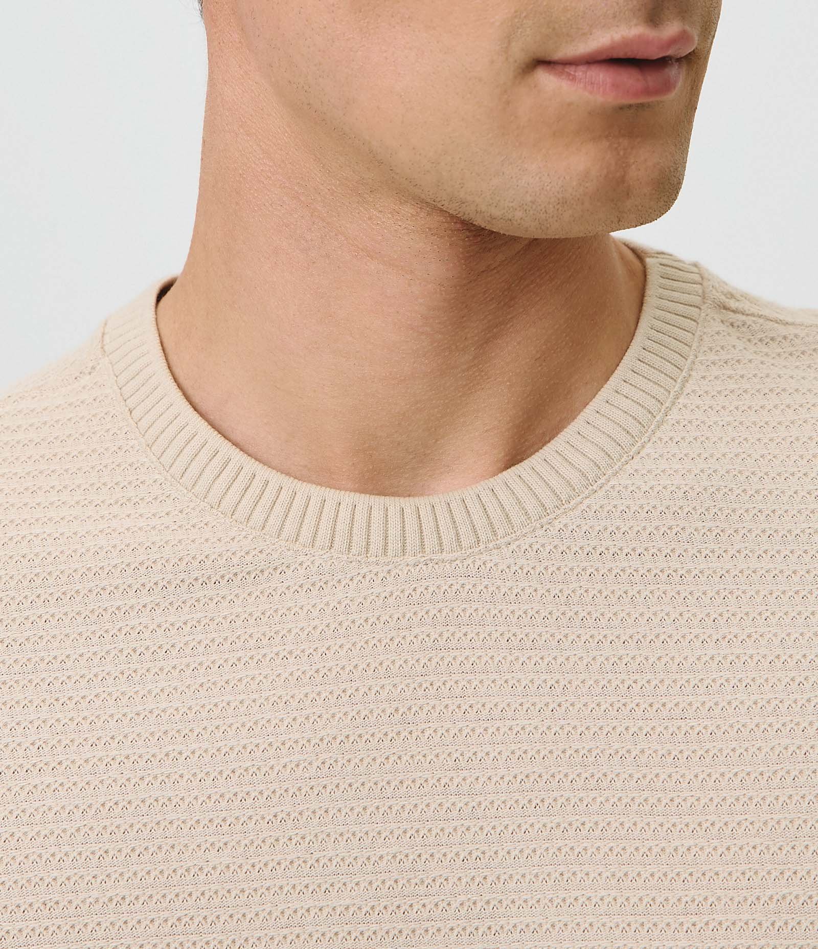 Camiseta Texturizada com Algodão e Gola Redonda Bege 2