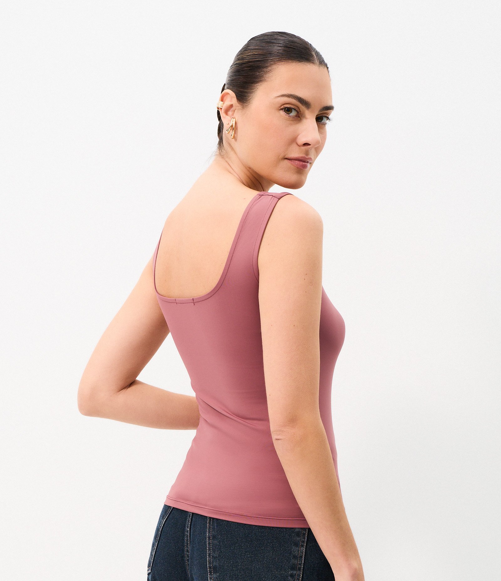 Blusa Básica em Poliamida com Decote Quadrado Rosa 4