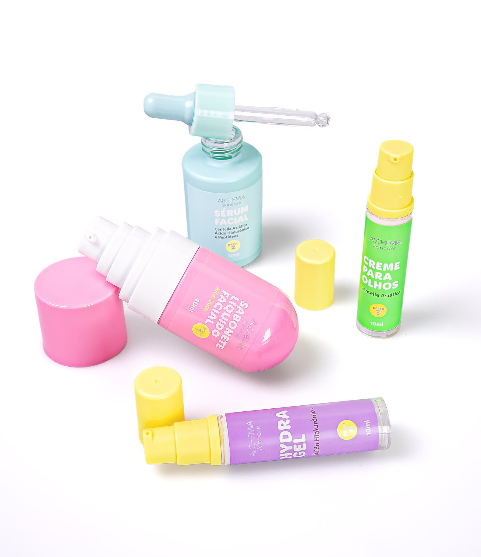 Kit Hidratação com Necessaire + Sabonete Liquido Facial 40ml + Serum Facial Centella Asiática Acido Hialurônico e Peptideos 30ml + Creme para Olhos 10ml + Hidratante Hydra Gel 10ml Alchemia KIT 4