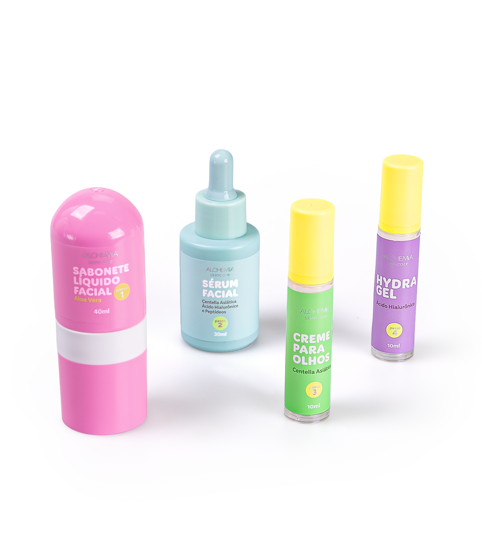 Kit Hidratação com Necessaire + Sabonete Liquido Facial 40ml + Serum Facial Centella Asiática Acido Hialurônico e Peptideos 30ml + Creme para Olhos 10ml + Hidratante Hydra Gel 10ml Alchemia KIT 5