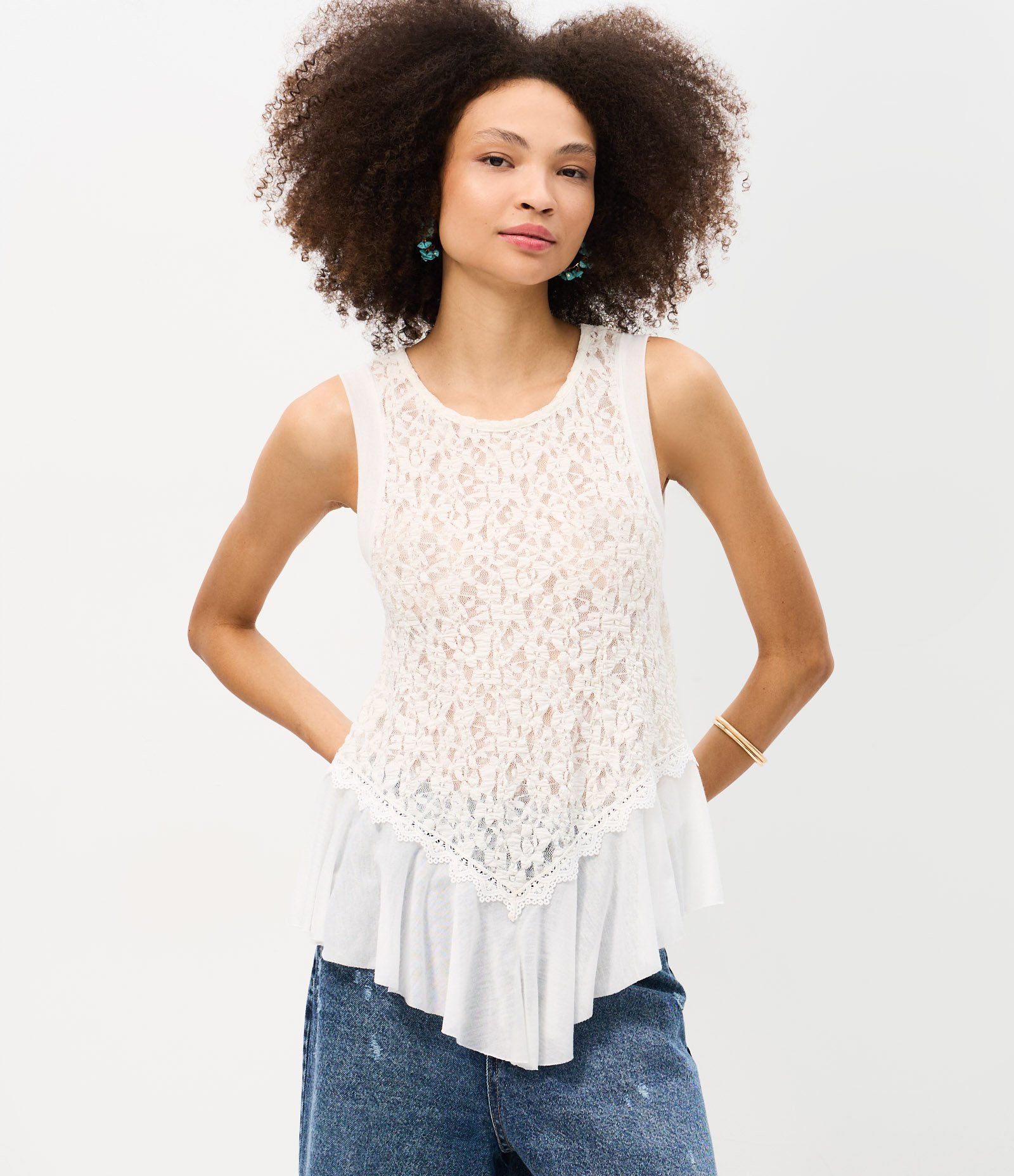 Blusa em Renda sem Mangas com Barra Mullet Branco 3