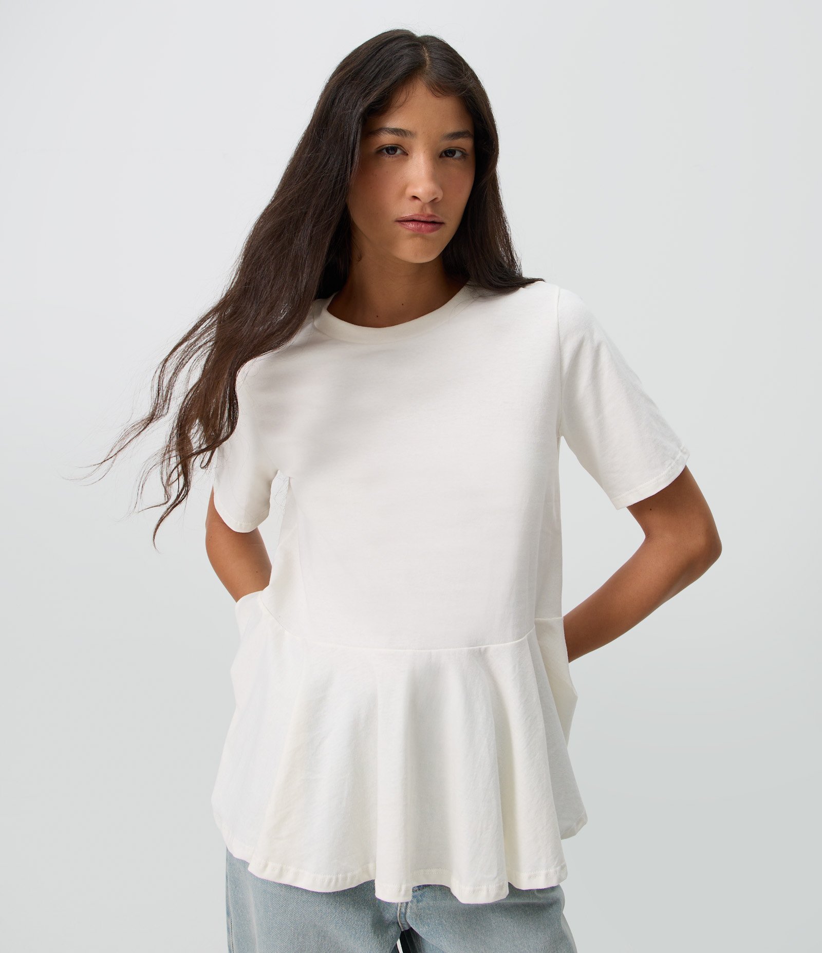Blusa Manga Curta em Algodão com Barra Peplum Branco 1