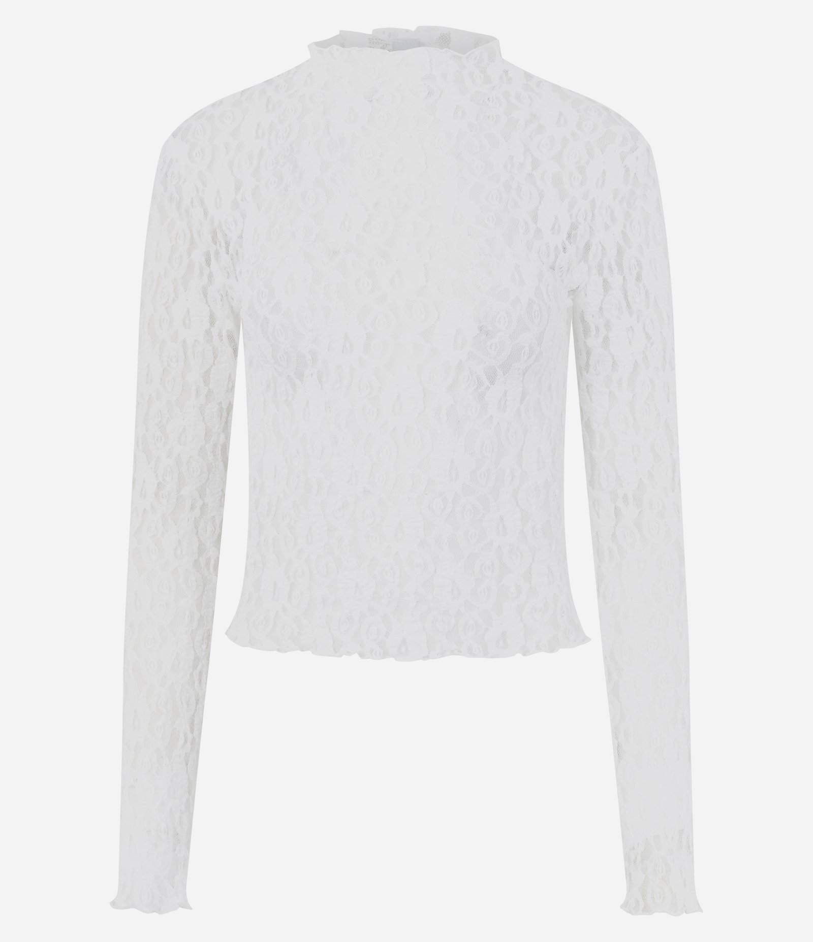 Blusa Manga Longa em Renda Vazada com Transparência e Gola Alta Branco 5