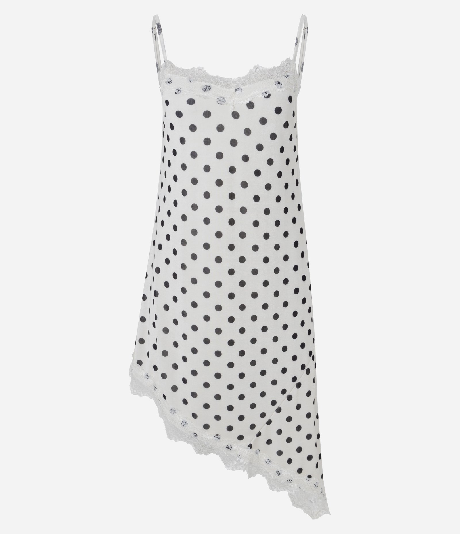 Vestido Poá Acetinado com Barra Assimétrica Rendada Branco 6