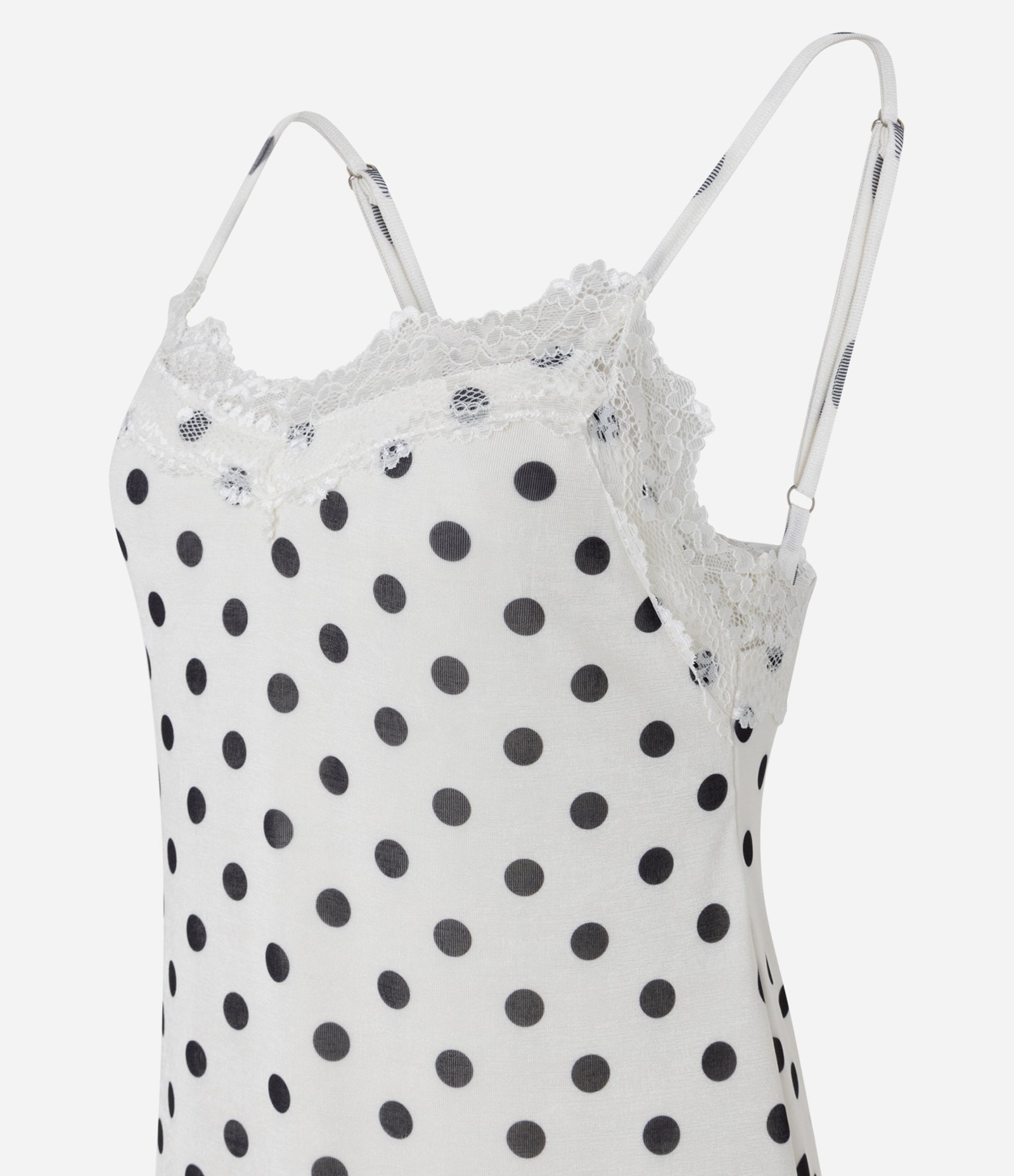 Vestido Poá Acetinado com Barra Assimétrica Rendada Branco 7