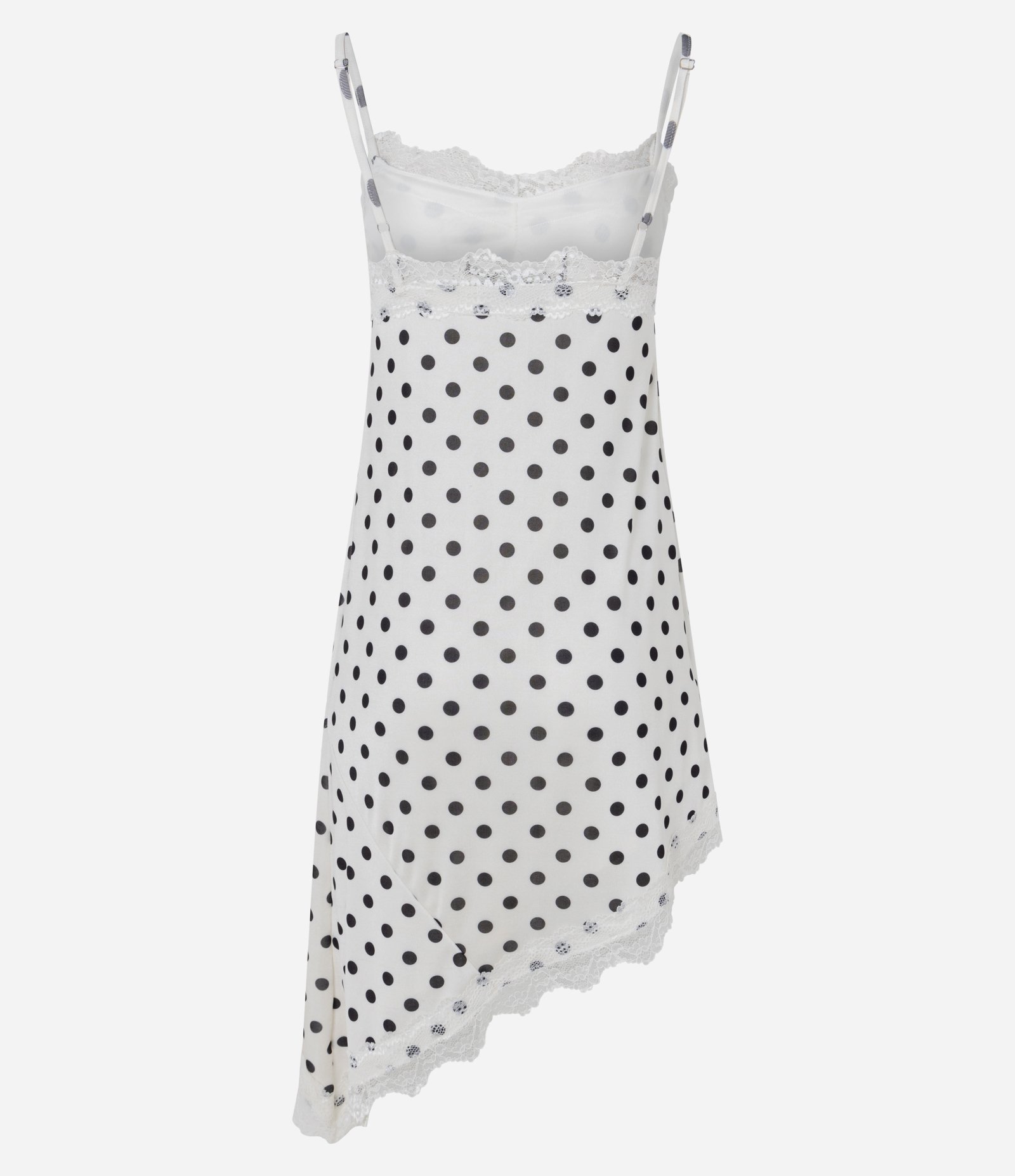 Vestido Poá Acetinado com Barra Assimétrica Rendada Branco 8
