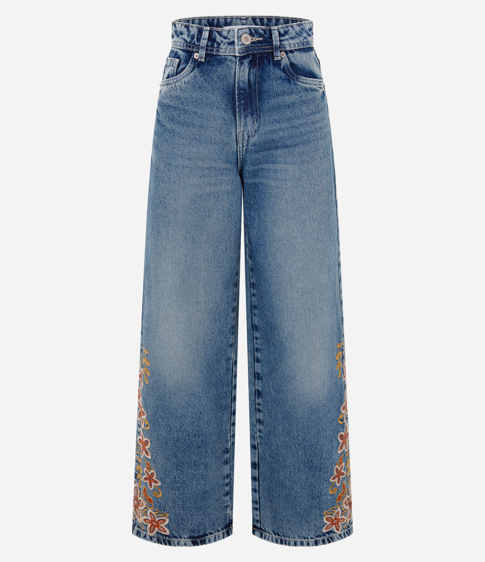 Calça Wide Leg Jeans com Cintura Média e Bordado Floral Azul 5