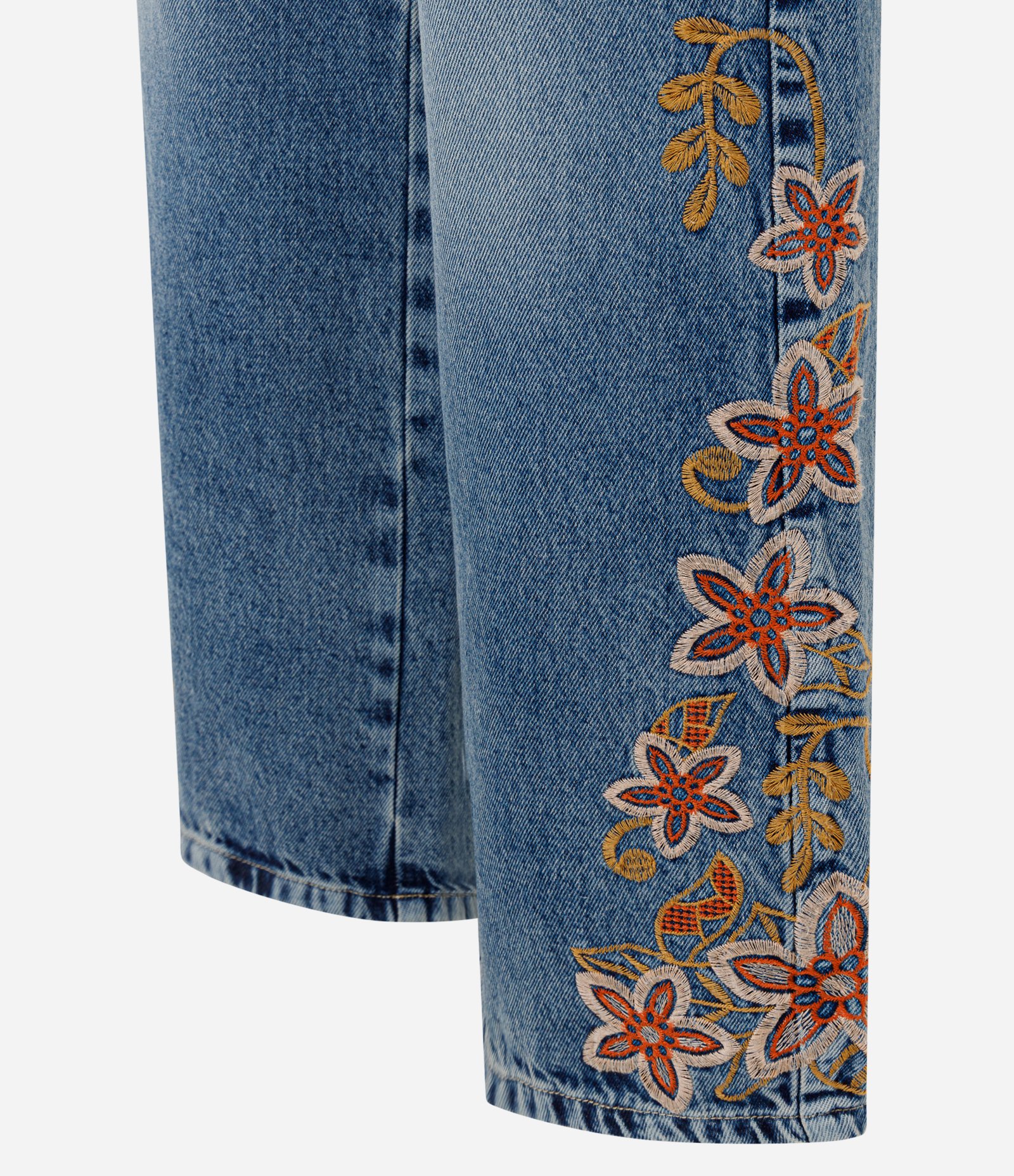 Calça Wide Leg Jeans com Cintura Média e Bordado Floral Azul 6