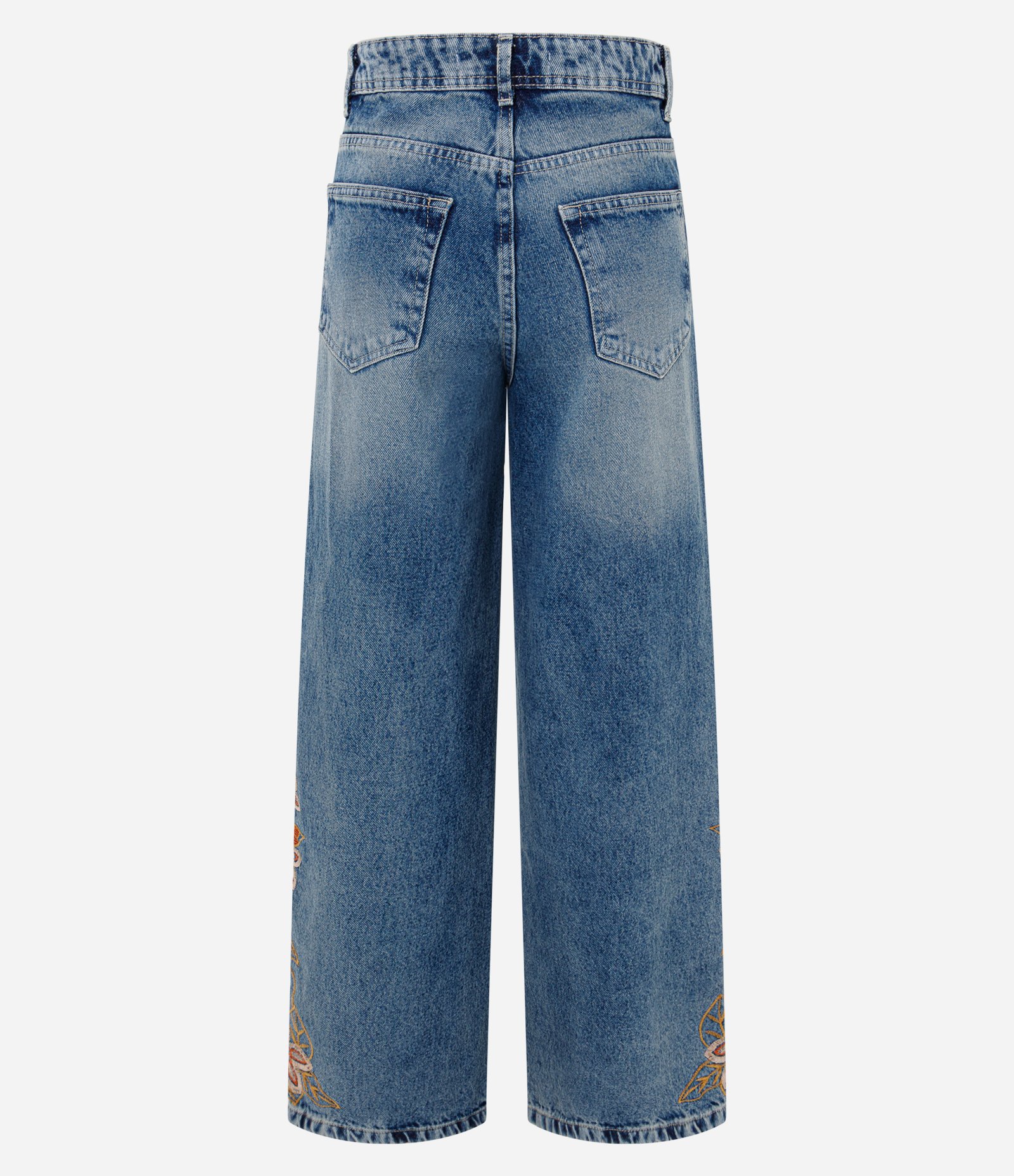 Calça Wide Leg Jeans com Cintura Média e Bordado Floral Azul 7